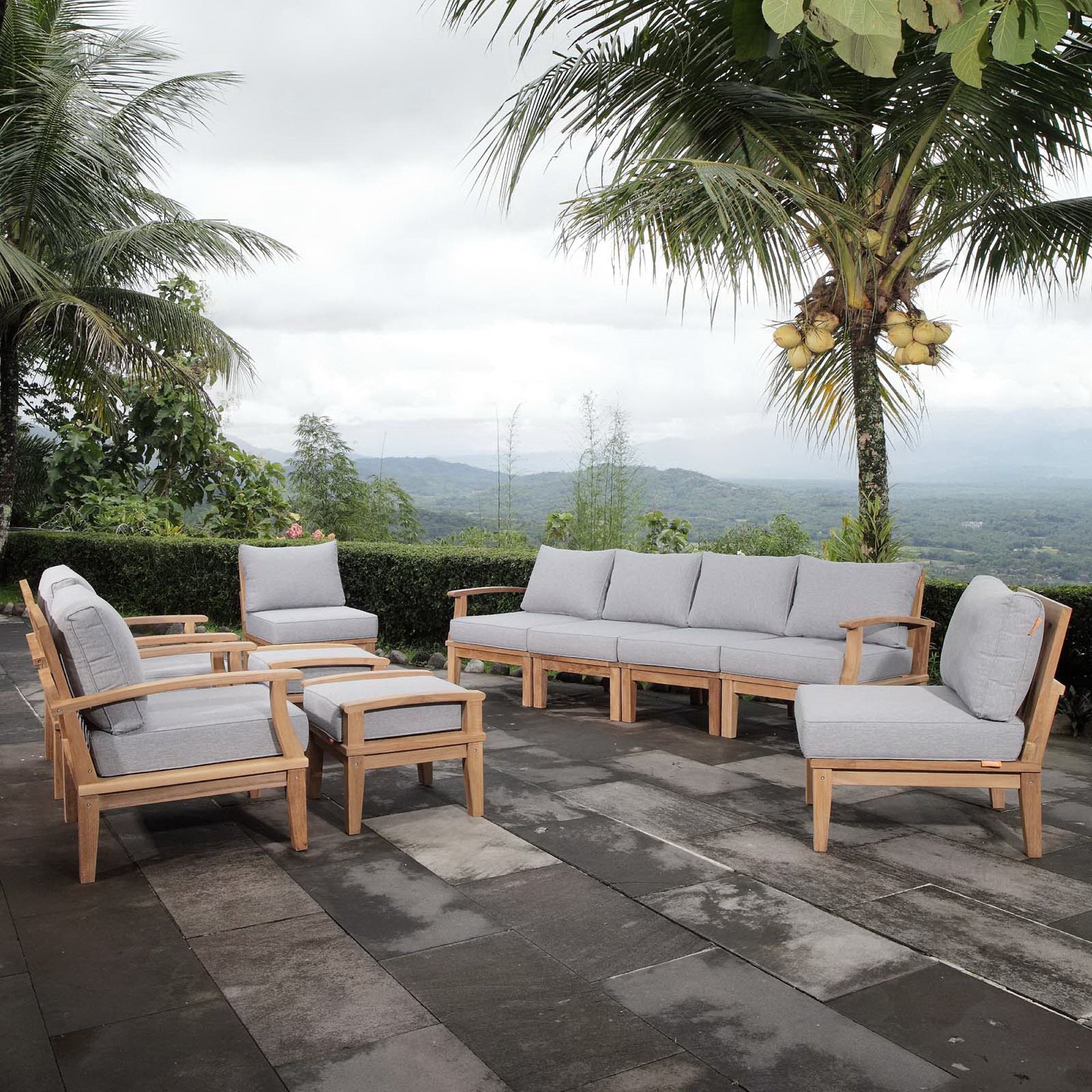 Marina 10 Piece Outdoor Patio Teak Set - Natural Gray (2 Armchairs, Left-Arm Sofa, 4 Sofas, 2 Ottomans, Right-Arm Sofa)
