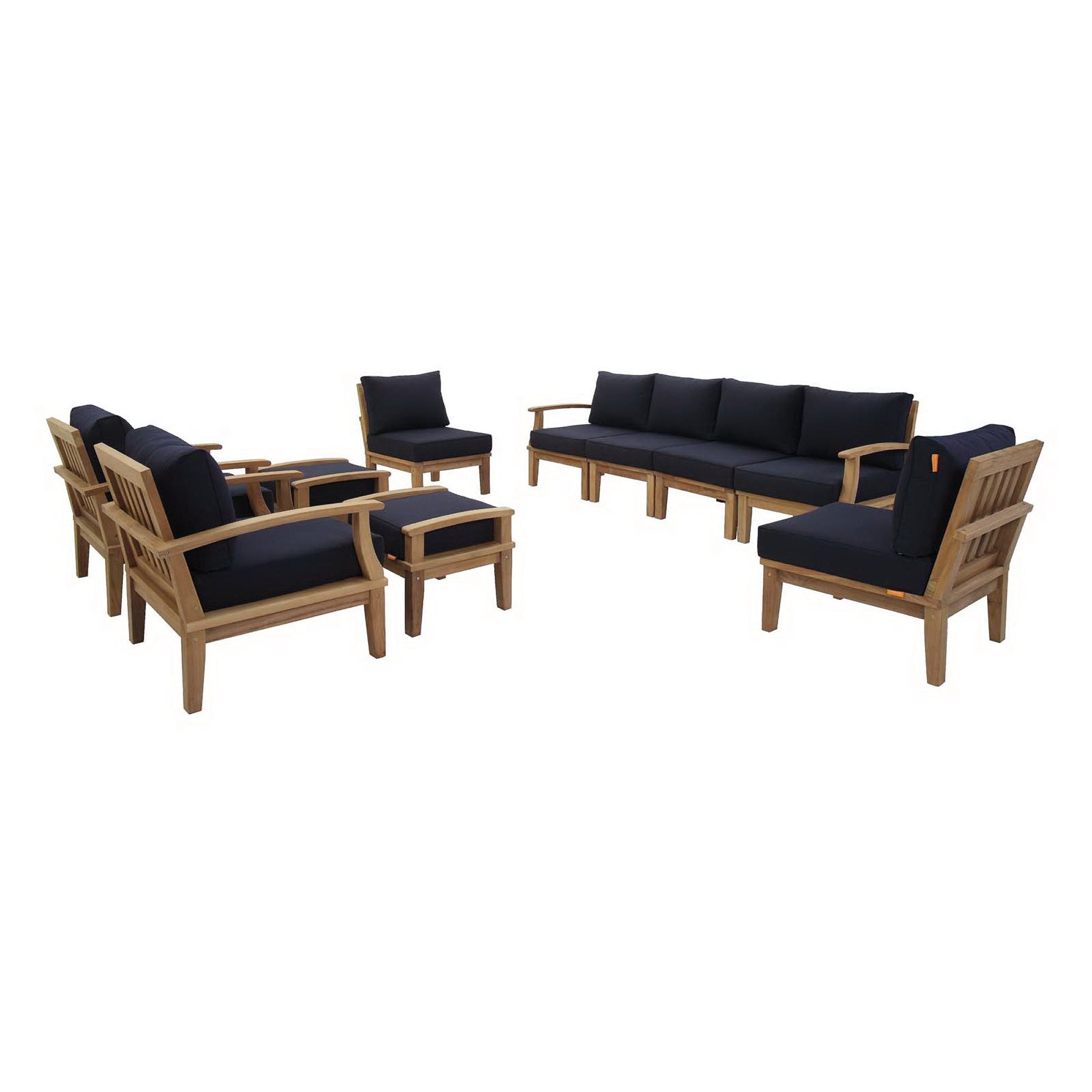 Marina 10 Piece Outdoor Patio Teak Set - Natural Navy (2 Armchairs, Left-Arm Sofa, 4 Sofas, 2 Ottomans, Right-Arm Sofa)