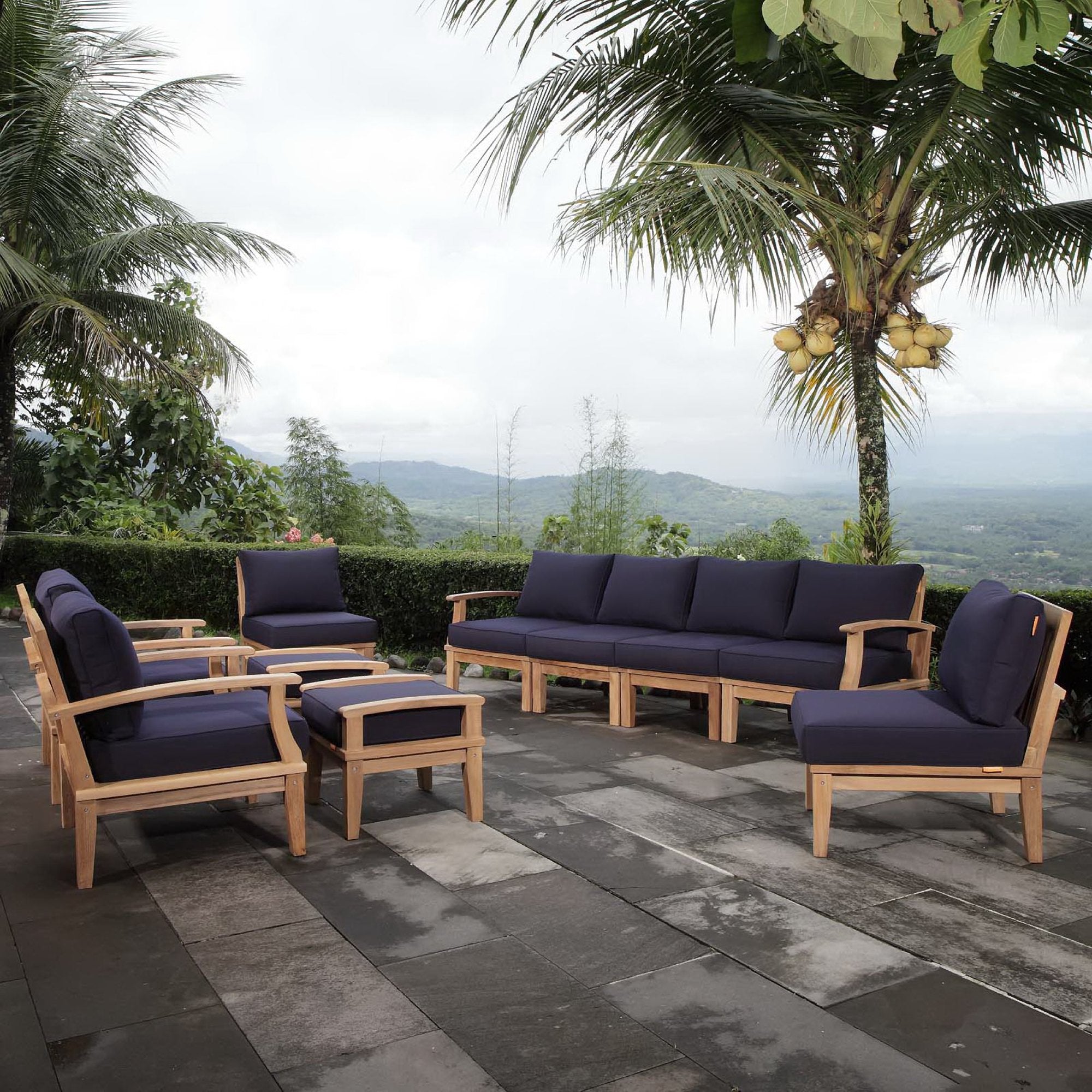 Marina 10 Piece Outdoor Patio Teak Set - Natural Navy (2 Armchairs, Left-Arm Sofa, 4 Sofas, 2 Ottomans, Right-Arm Sofa)