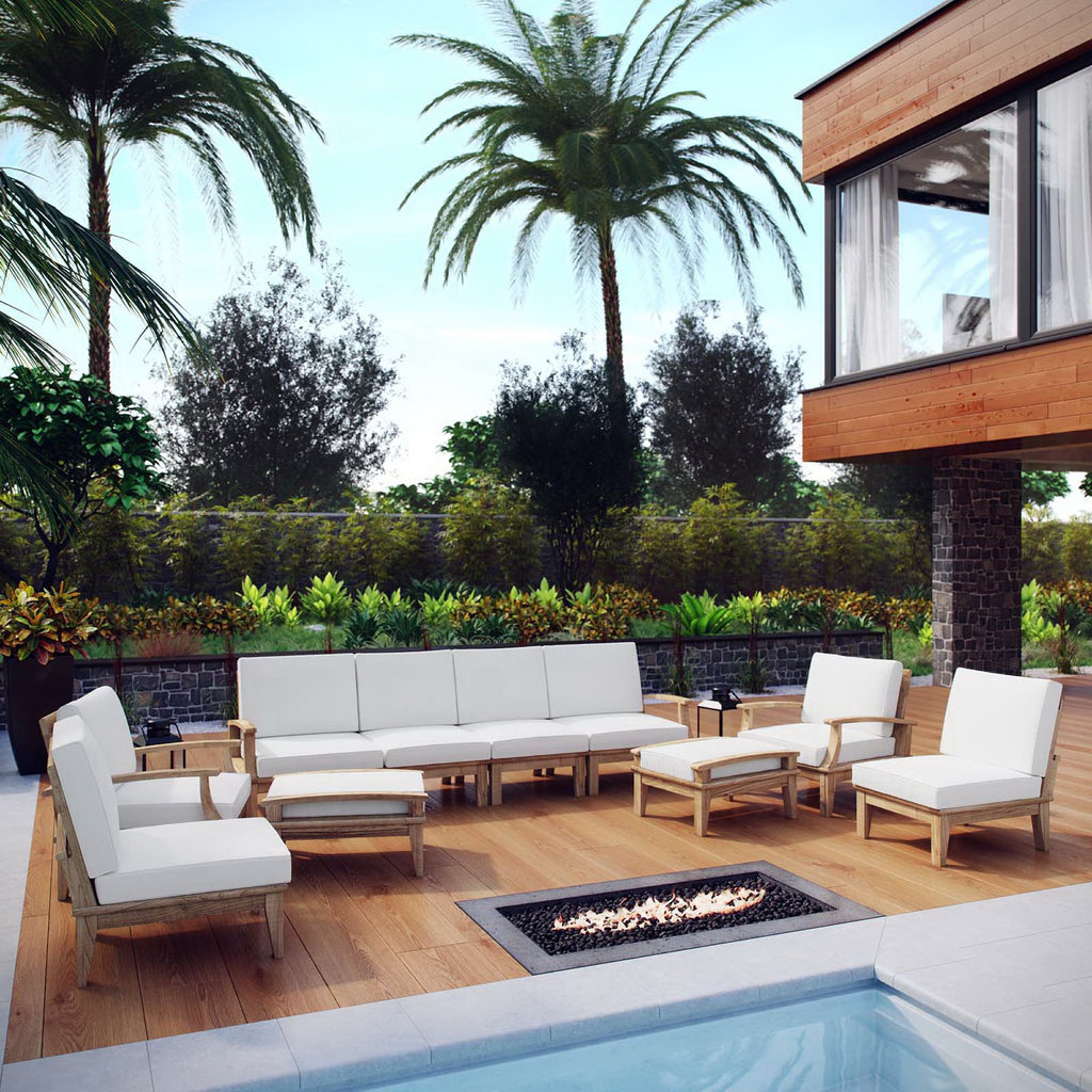 Marina 10 Piece Outdoor Patio Teak Set - Natural White (2 Armchairs, Left-Arm Sofa, 4 Sofas, 2 Ottomans, Right-Arm Sofa)