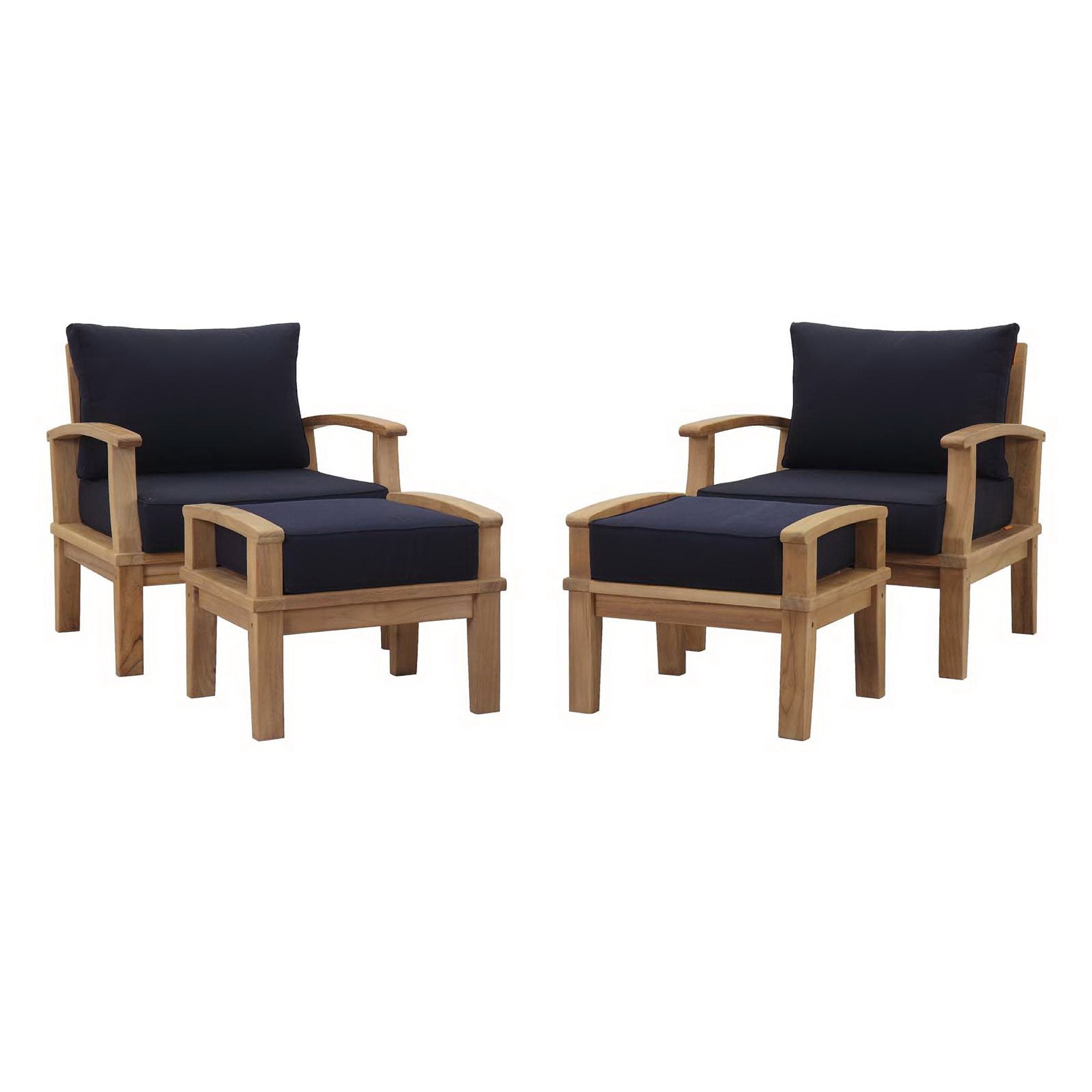 Marina 4 Piece Outdoor Patio Teak Set - Natural Navy (2 Armchairs, 2 Ottomans)