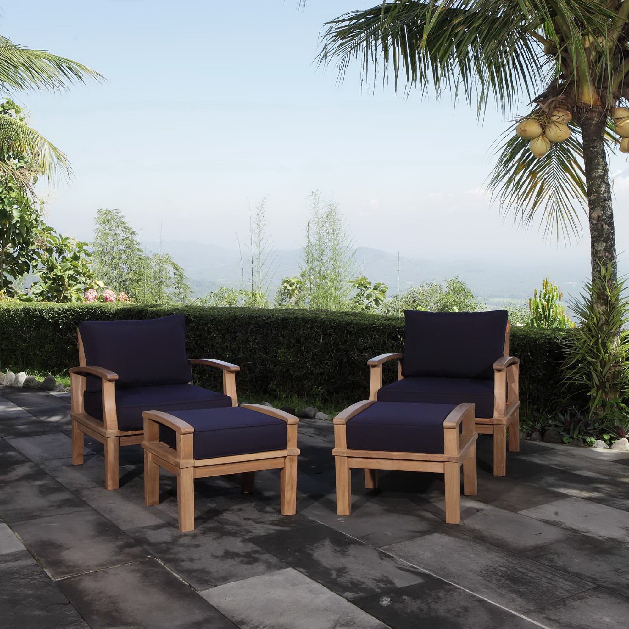 Marina 4 Piece Outdoor Patio Teak Set - Natural Navy (2 Armchairs, 2 Ottomans)