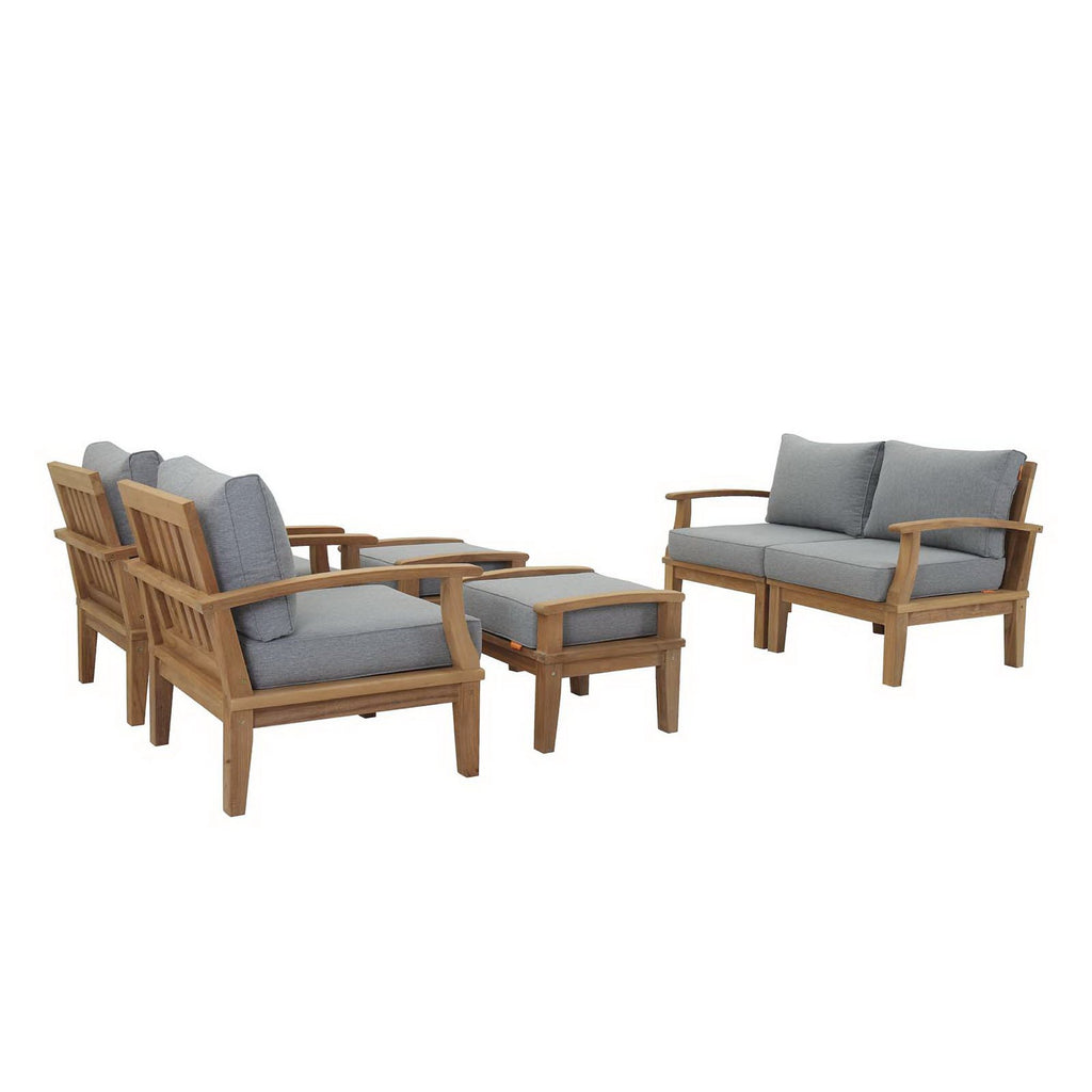 Marina 6 Piece Outdoor Patio Teak Set - Natural Gray (2 Armchairs, Left-Arm Sofa, 2 Ottomans, Right-Arm Sofa)