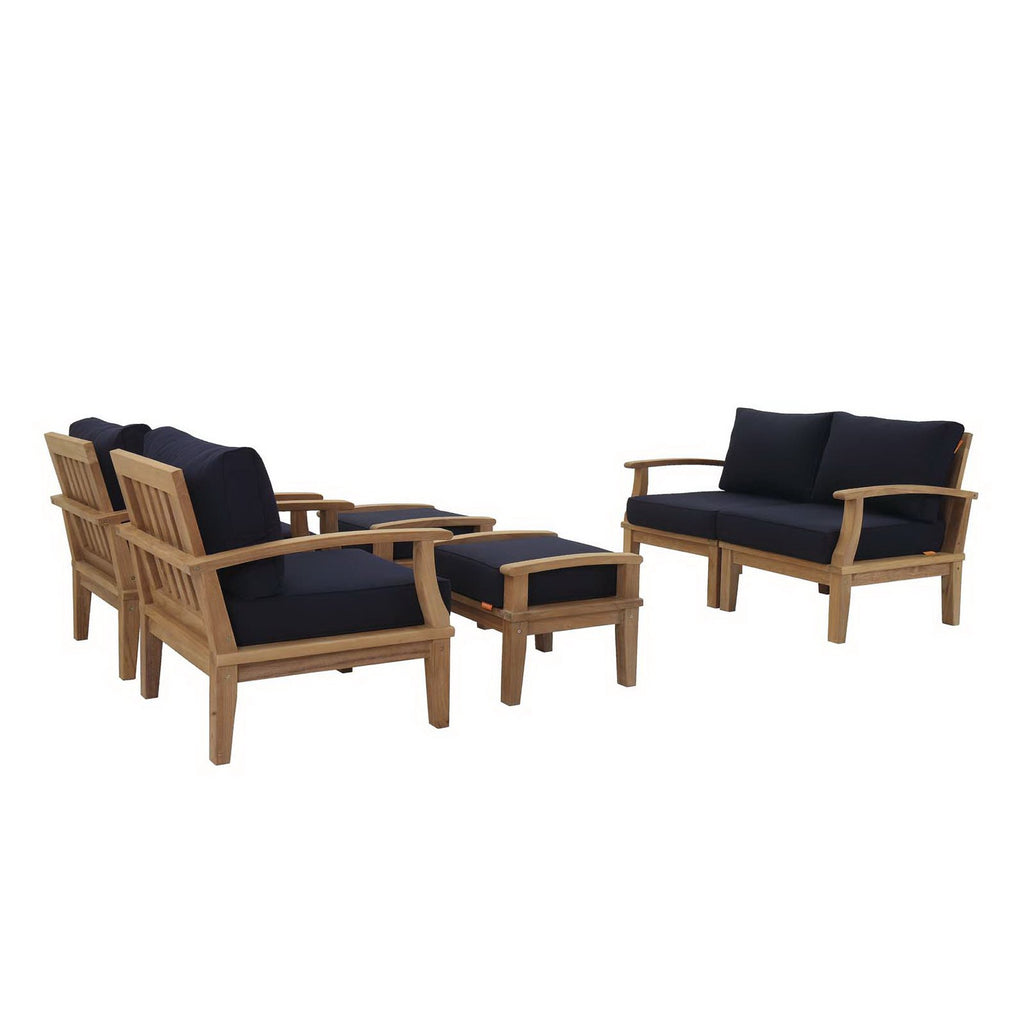 Marina 6 Piece Outdoor Patio Teak Set - Natural Navy (2 Armchairs, Left-Arm Sofa, 2 Ottomans, Right-Arm Sofa)