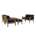 Marina 6 Piece Outdoor Patio Teak Set - Natural Navy (2 Armchairs, Left-Arm Sofa, 2 Ottomans, Right-Arm Sofa)