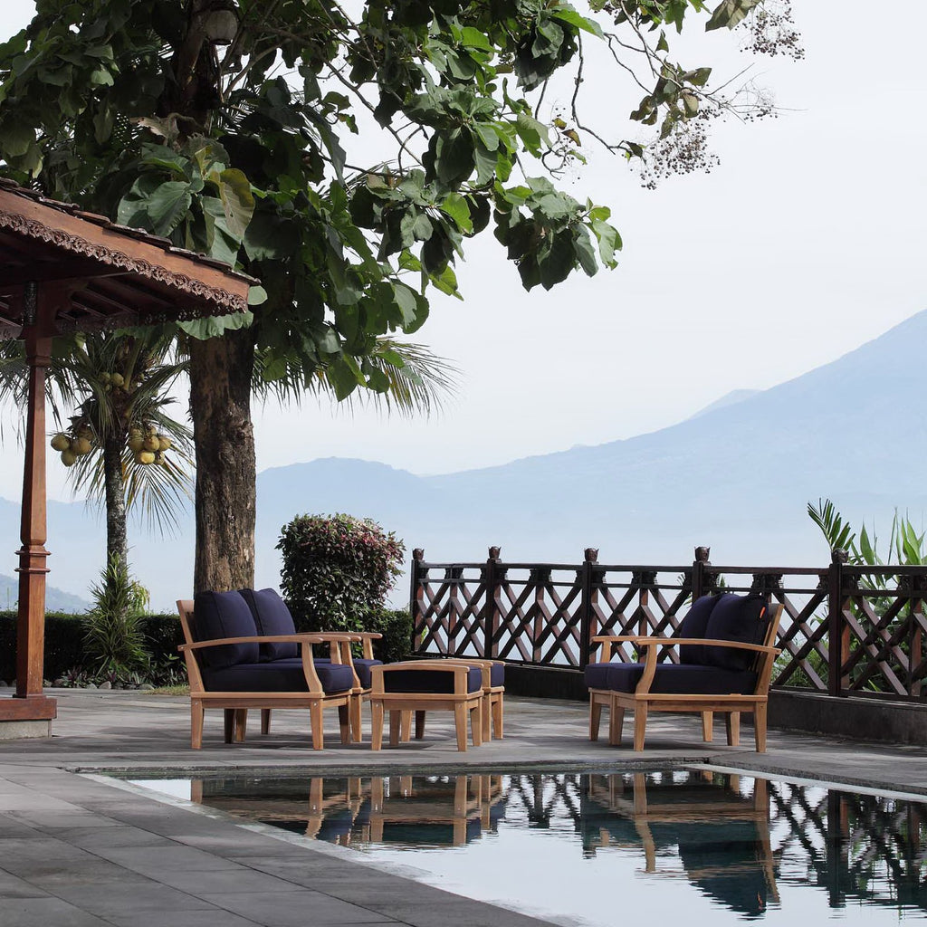 Marina 6 Piece Outdoor Patio Teak Set - Natural Navy (2 Armchairs, Left-Arm Sofa, 2 Ottomans, Right-Arm Sofa)