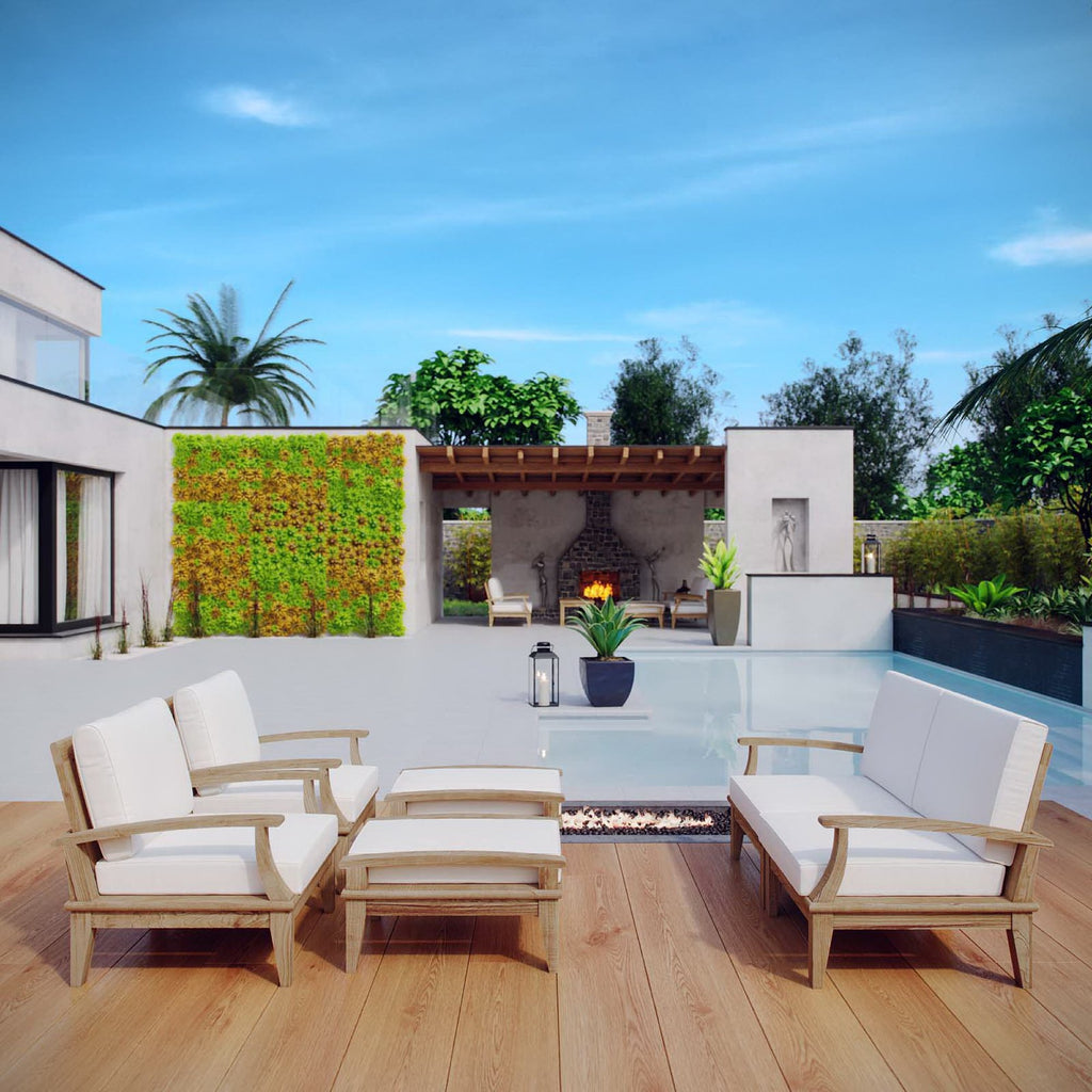 Marina 6 Piece Outdoor Patio Teak Set - Natural White (2 Armchairs, Left-Arm Sofa, 2 Ottomans, Right-Arm Sofa)