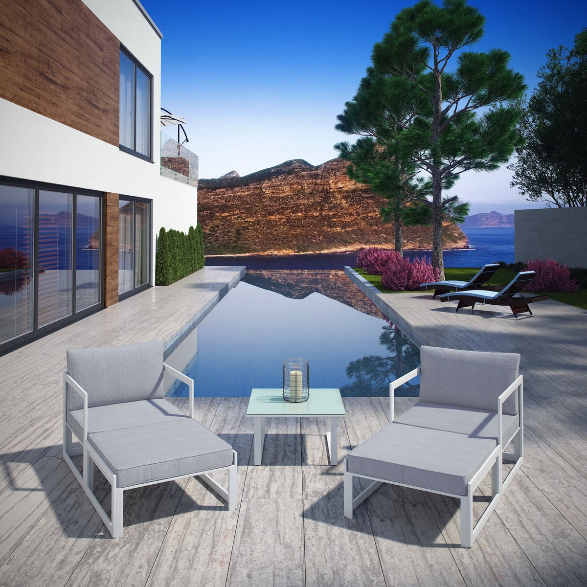 Fortuna 5 Piece Outdoor Patio Sectional Sofa Set - White Gray