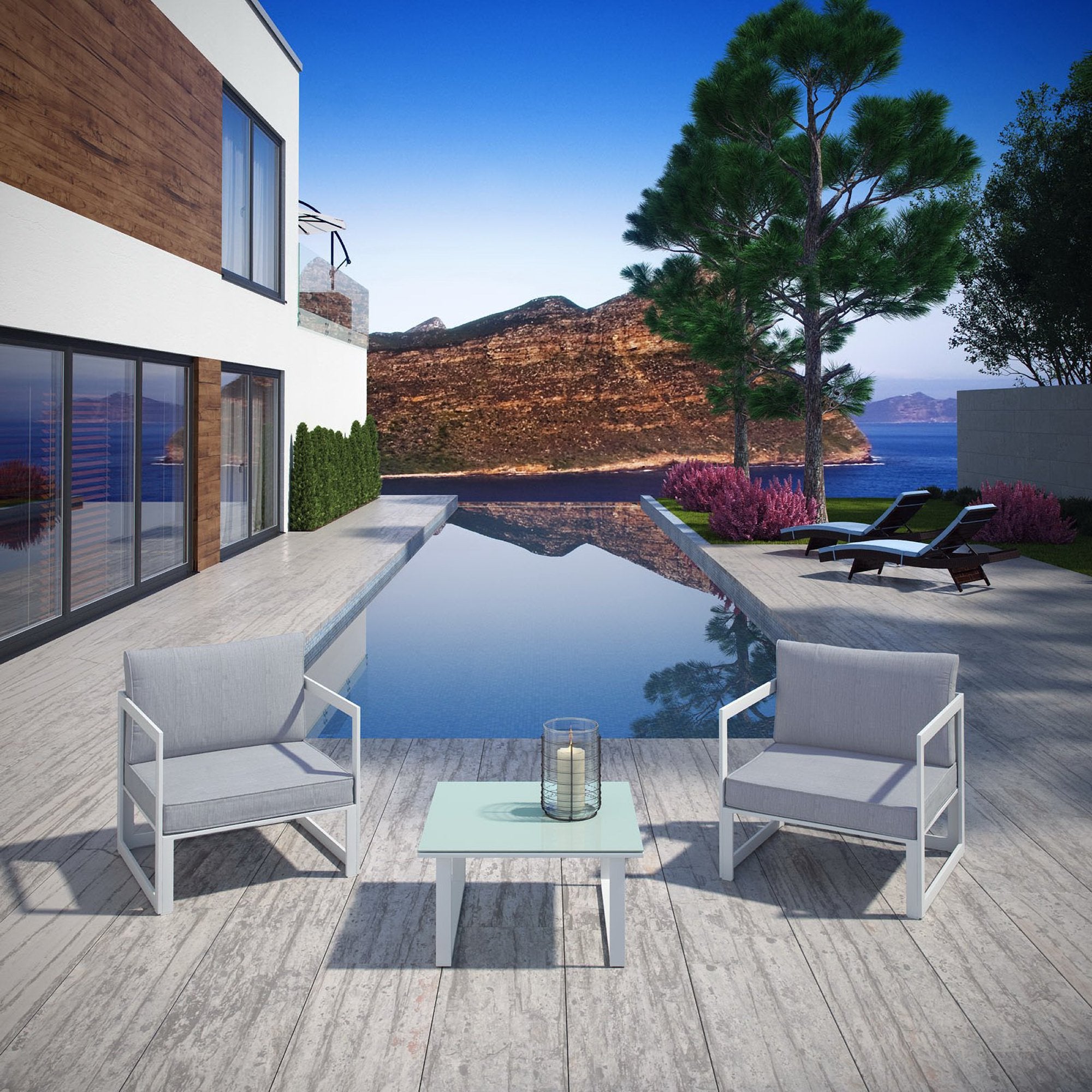 Fortuna 3 Piece Outdoor Patio Sectional Sofa Set - White Gray