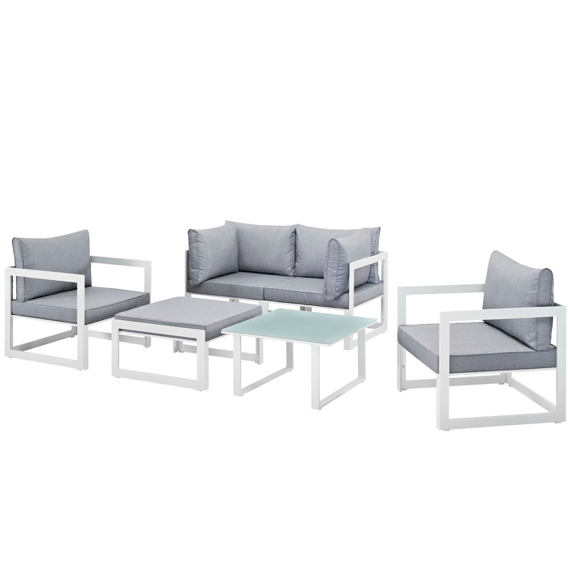 Fortuna 6 Piece Outdoor Patio Sectional Sofa Set - White Gray (2 Corners, Ottoman, Side Table, 2 Sofas)