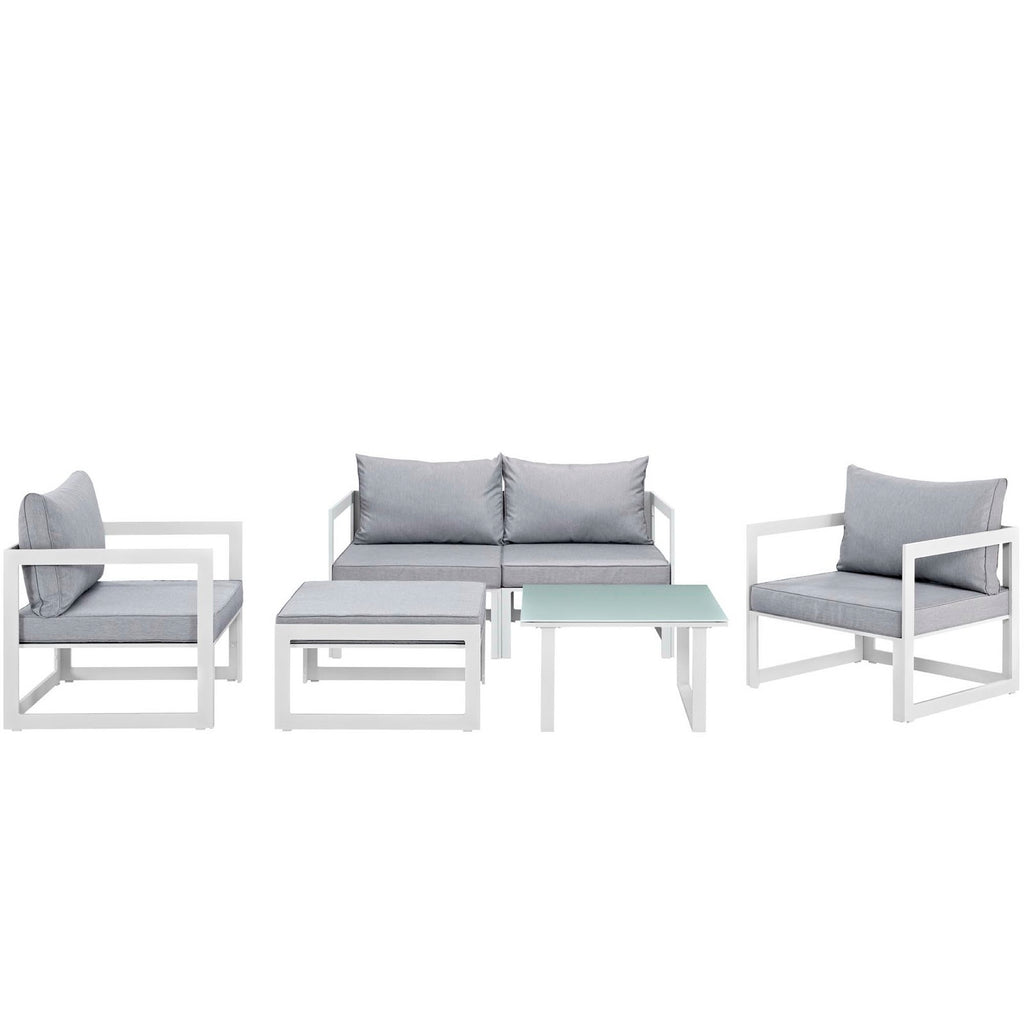 Fortuna 6 Piece Outdoor Patio Sectional Sofa Set - White Gray (2 Corners, Ottoman, Side Table, 2 Sofas)