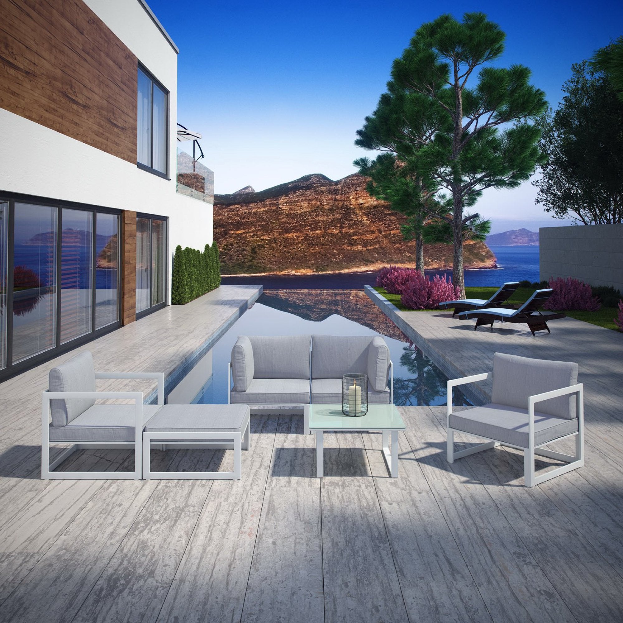 Fortuna 6 Piece Outdoor Patio Sectional Sofa Set - White Gray (2 Corners, Ottoman, Side Table, 2 Sofas)