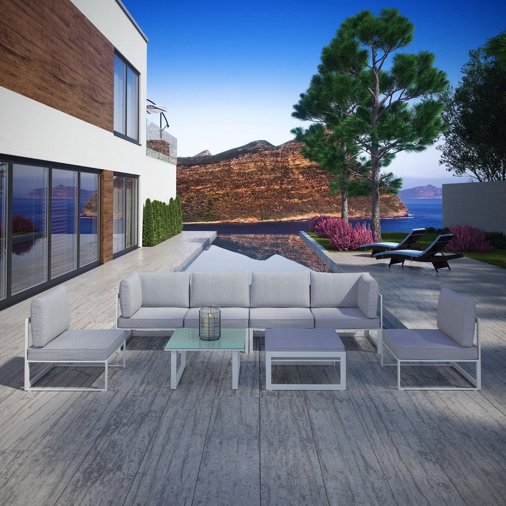 Fortuna 8 Piece Outdoor Patio Sectional Sofa Set - White Gray (4 Centers, 2 Corners, Ottoman, Side Table)
