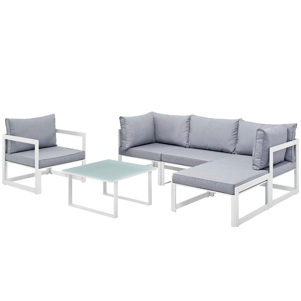Fortuna 6 Piece Outdoor Patio Sectional Sofa Set - White Gray (Center, 2 Corners, Ottoman, Side Table, Sofa)