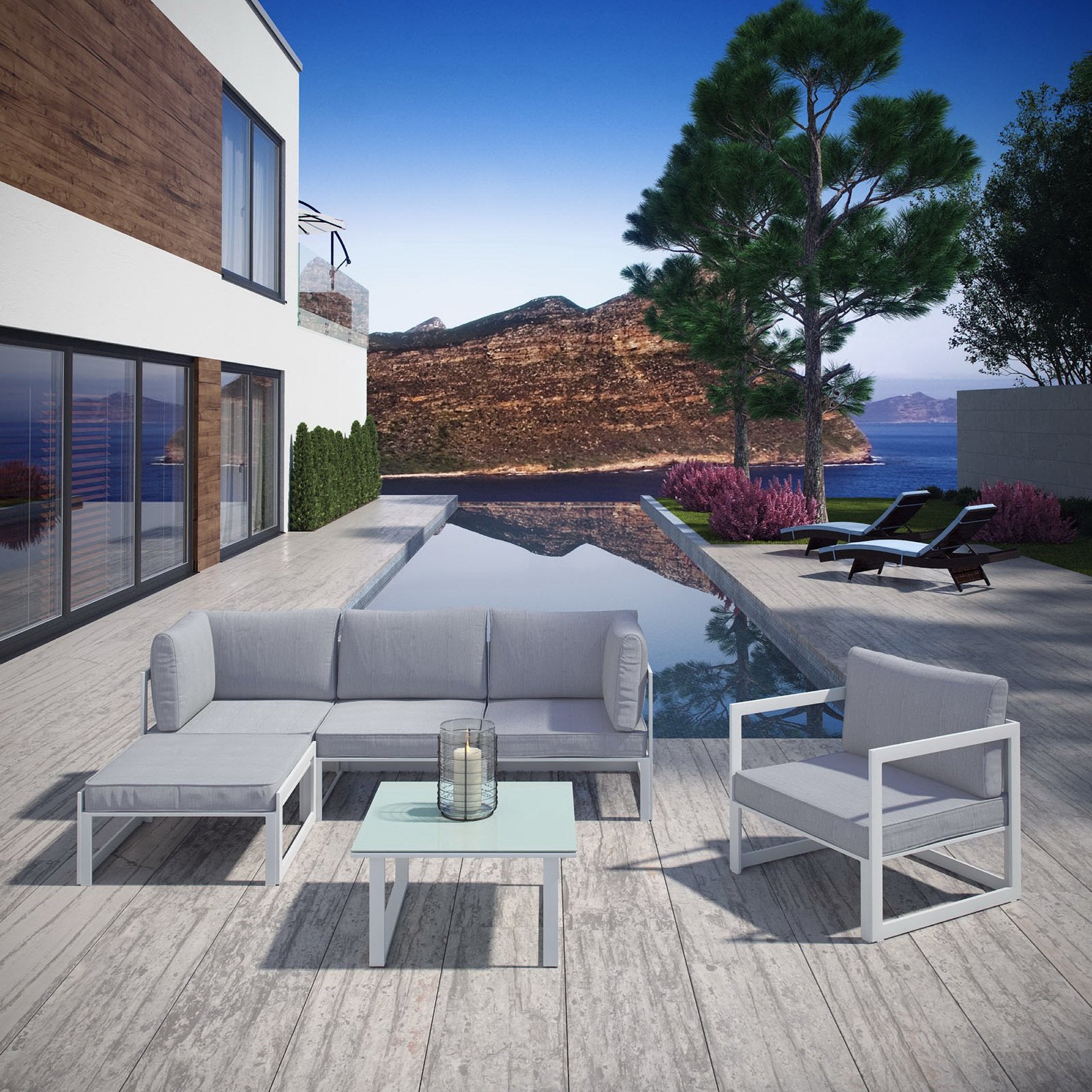 Fortuna 6 Piece Outdoor Patio Sectional Sofa Set - White Gray (Center, 2 Corners, Ottoman, Side Table, Sofa)