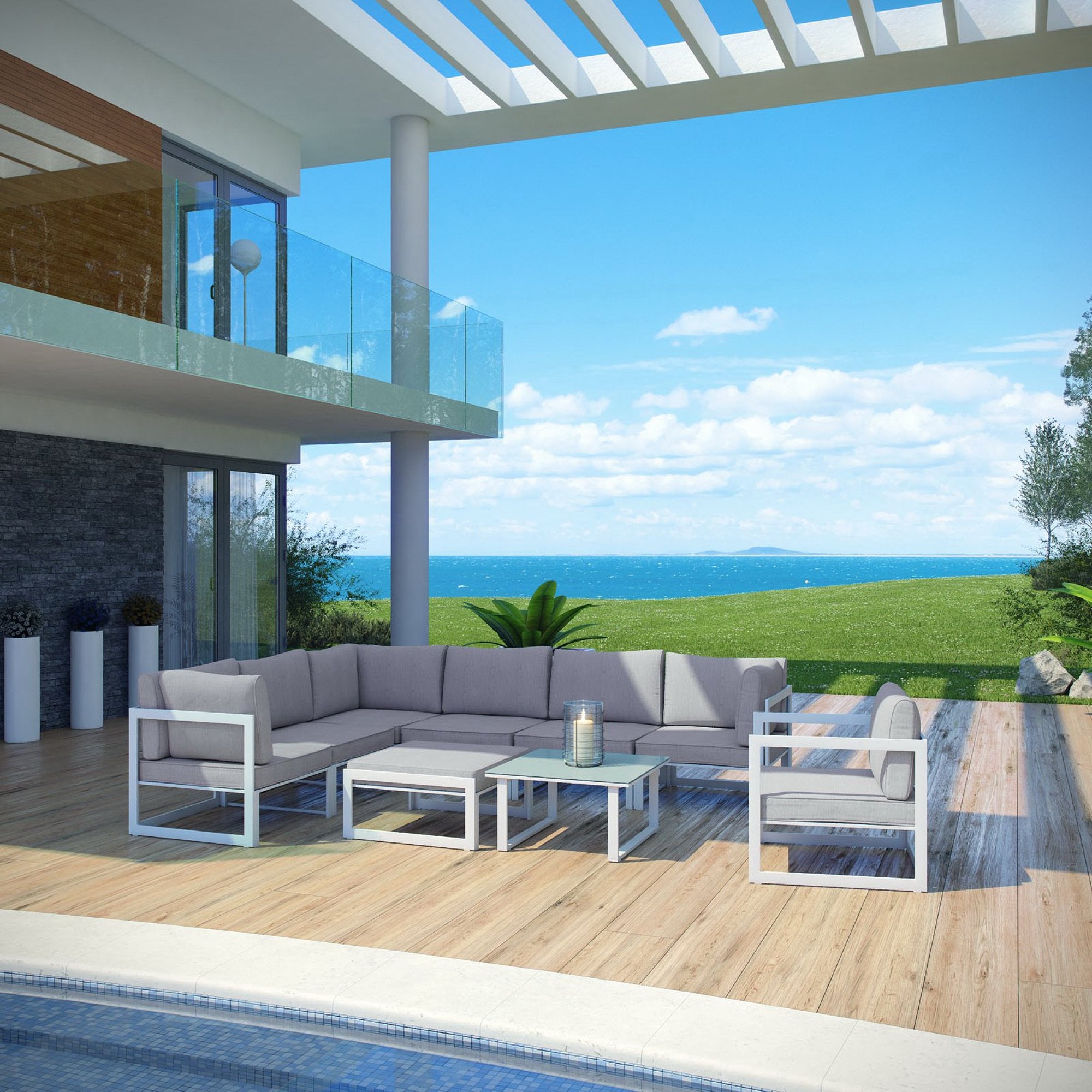Fortuna 9 Piece Outdoor Patio Sectional Sofa Set - White Gray
