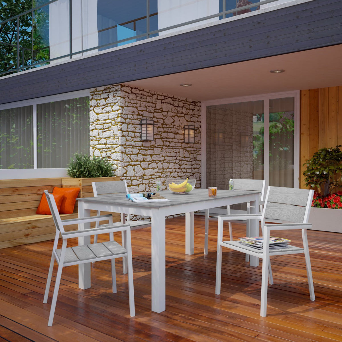 Maine 5 Piece Outdoor Patio Dining Set - White Light Gray (EEI-1747-WHI-LGR-SET)