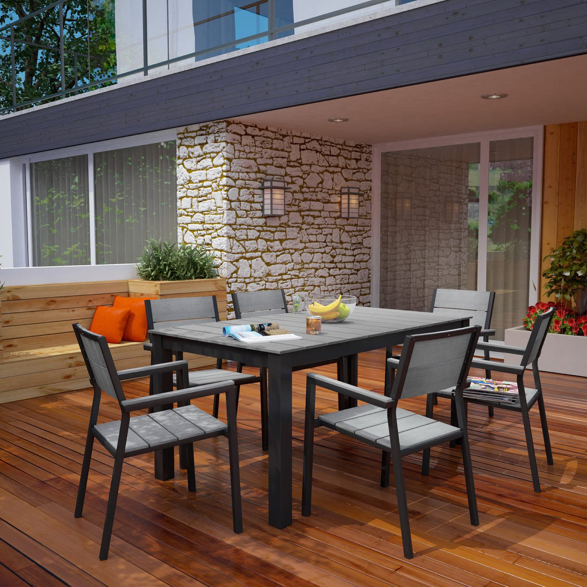 Maine 7 Piece Outdoor Patio Dining Set - Brown Gray (EEI-1749-BRN-GRY-SET)