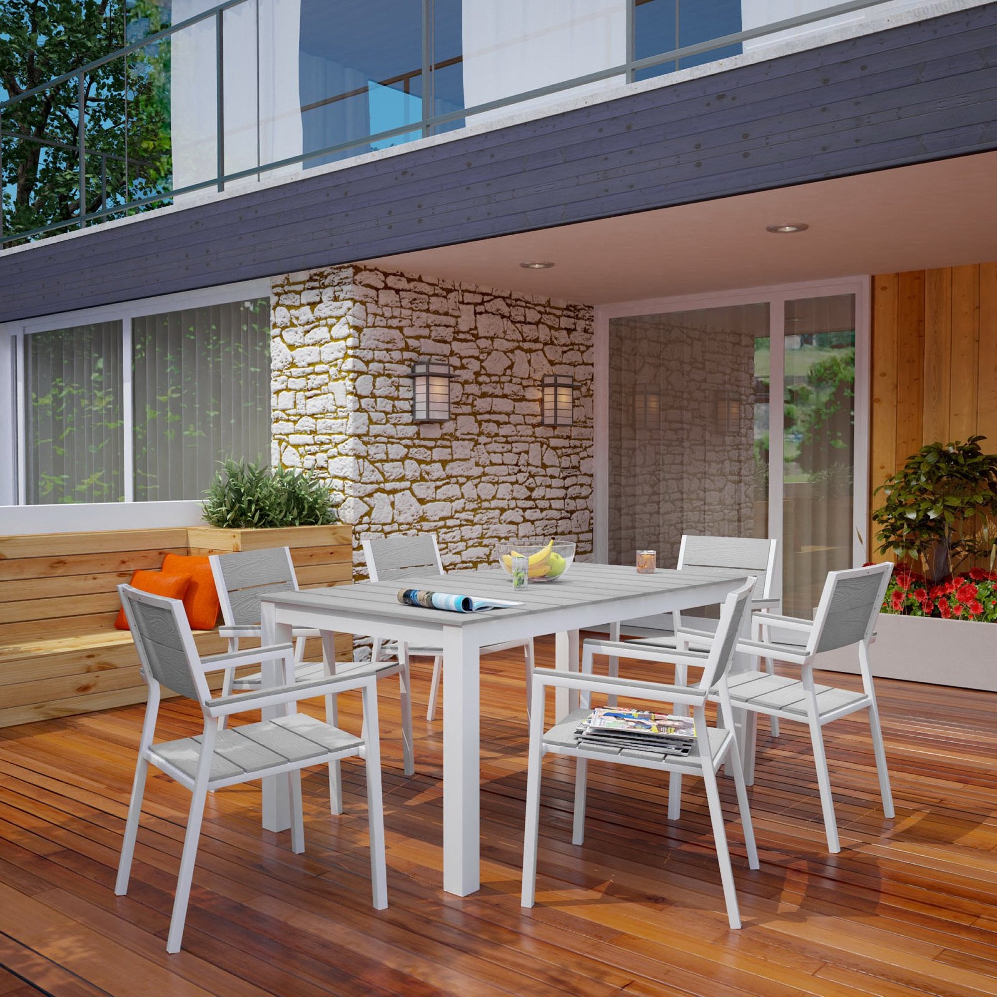 Maine 7 Piece Outdoor Patio Dining Set - White Light Gray (EEI-1749-WHI-LGR-SET)