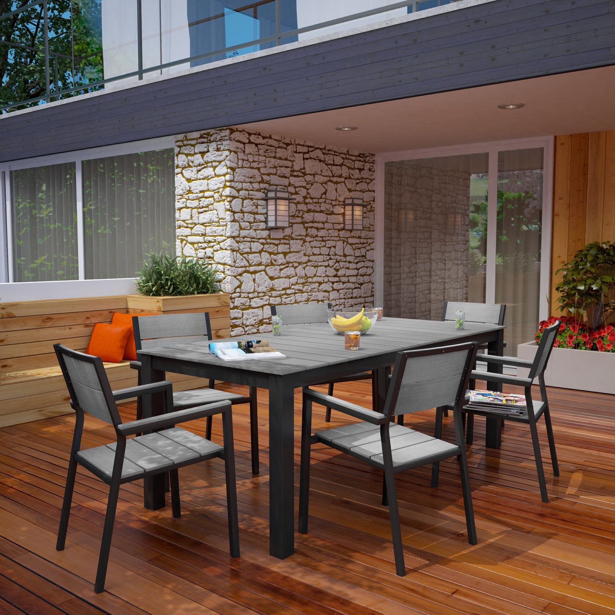 Maine 7 Piece Outdoor Patio Dining Set - Brown Gray (EEI-1751-BRN-GRY-SET)