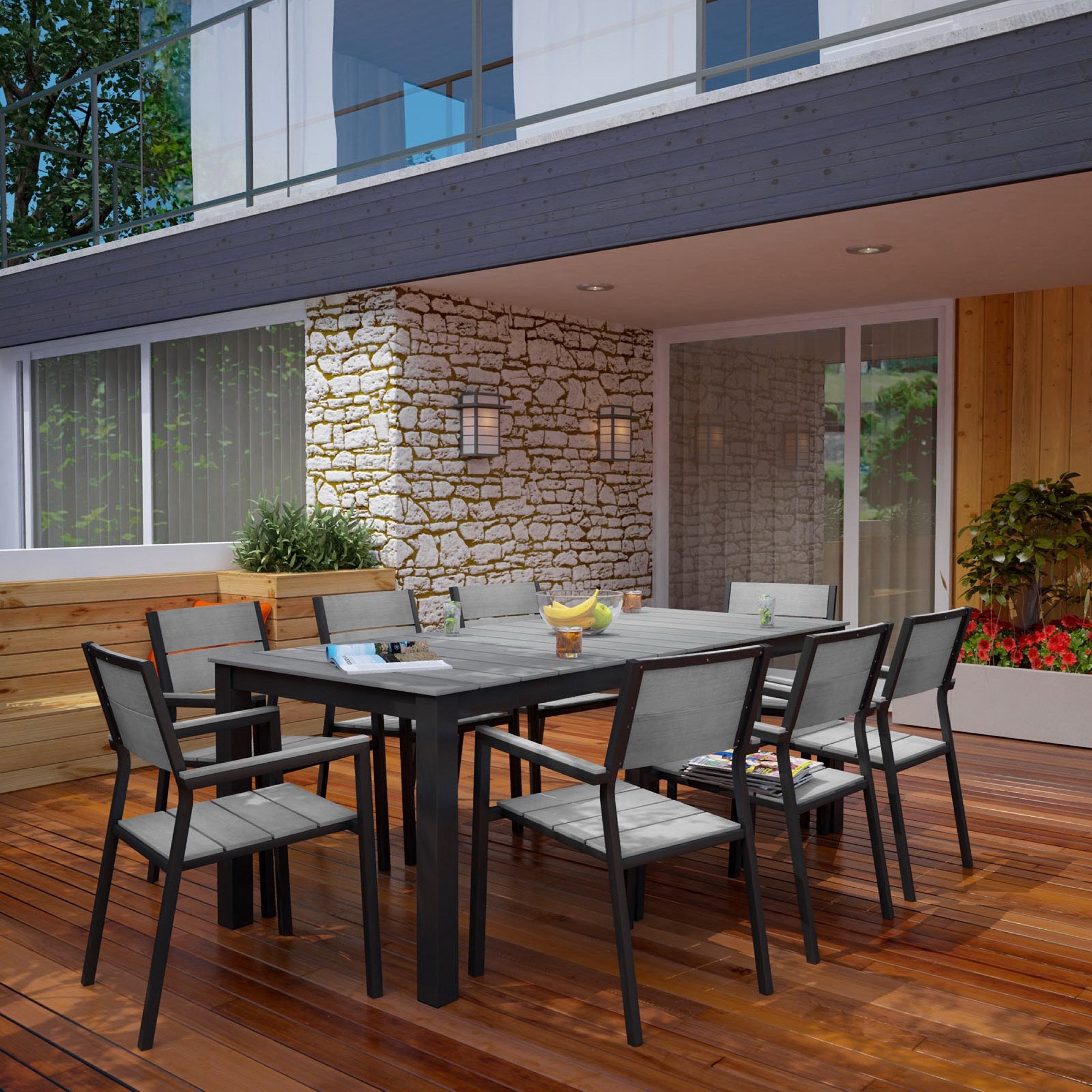 Maine 9 Piece Outdoor Patio Dining Set - Brown Gray