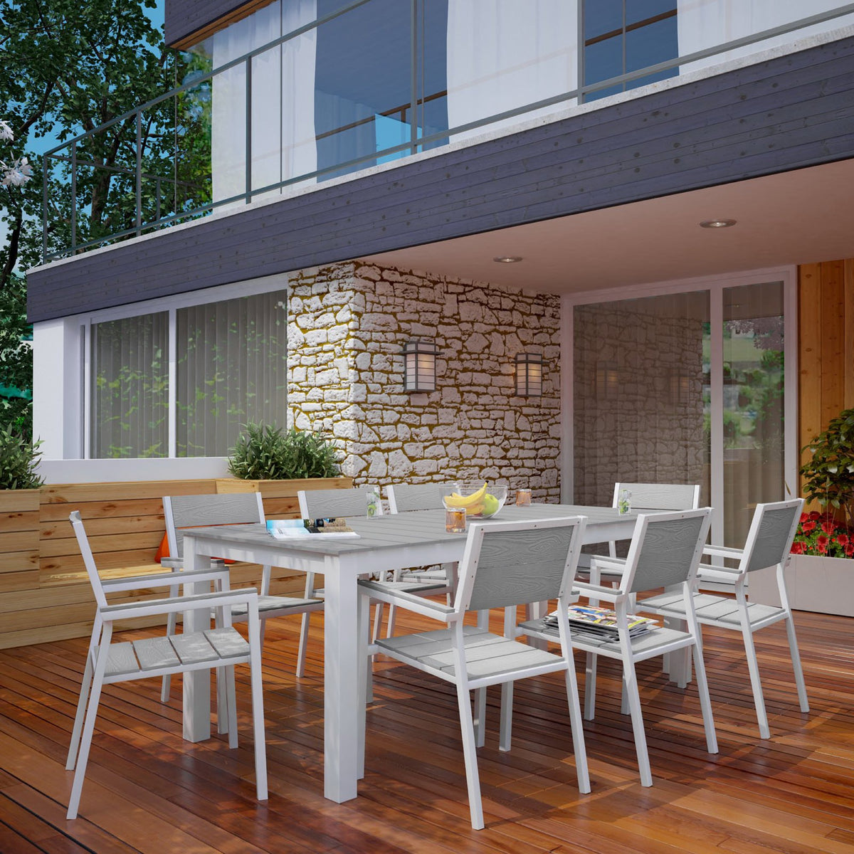 Maine 9 Piece Outdoor Patio Dining Set - White Light Gray