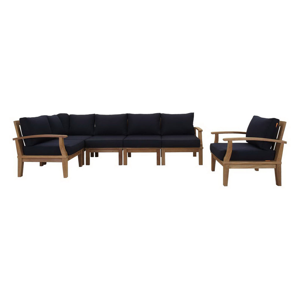 Marina 6 Piece Outdoor Patio Teak Set - Natural Navy (Armchair, Corner Sofa, Left-Arm Sofa, 2 Sofas, Right-Arm Sofa)