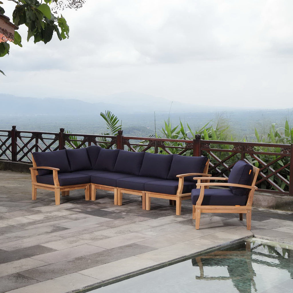 Marina 6 Piece Outdoor Patio Teak Set - Natural Navy (Armchair, Corner Sofa, Left-Arm Sofa, 2 Sofas, Right-Arm Sofa)