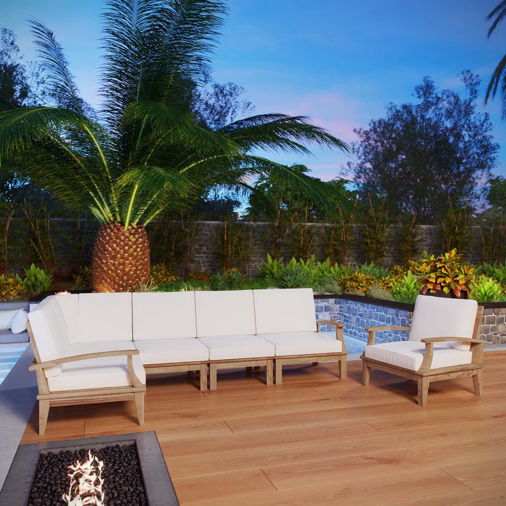Marina 6 Piece Outdoor Patio Teak Set - Natural White (Armchair, Corner Sofa, Left-Arm Sofa, 2 Sofas, Right-Arm Sofa)