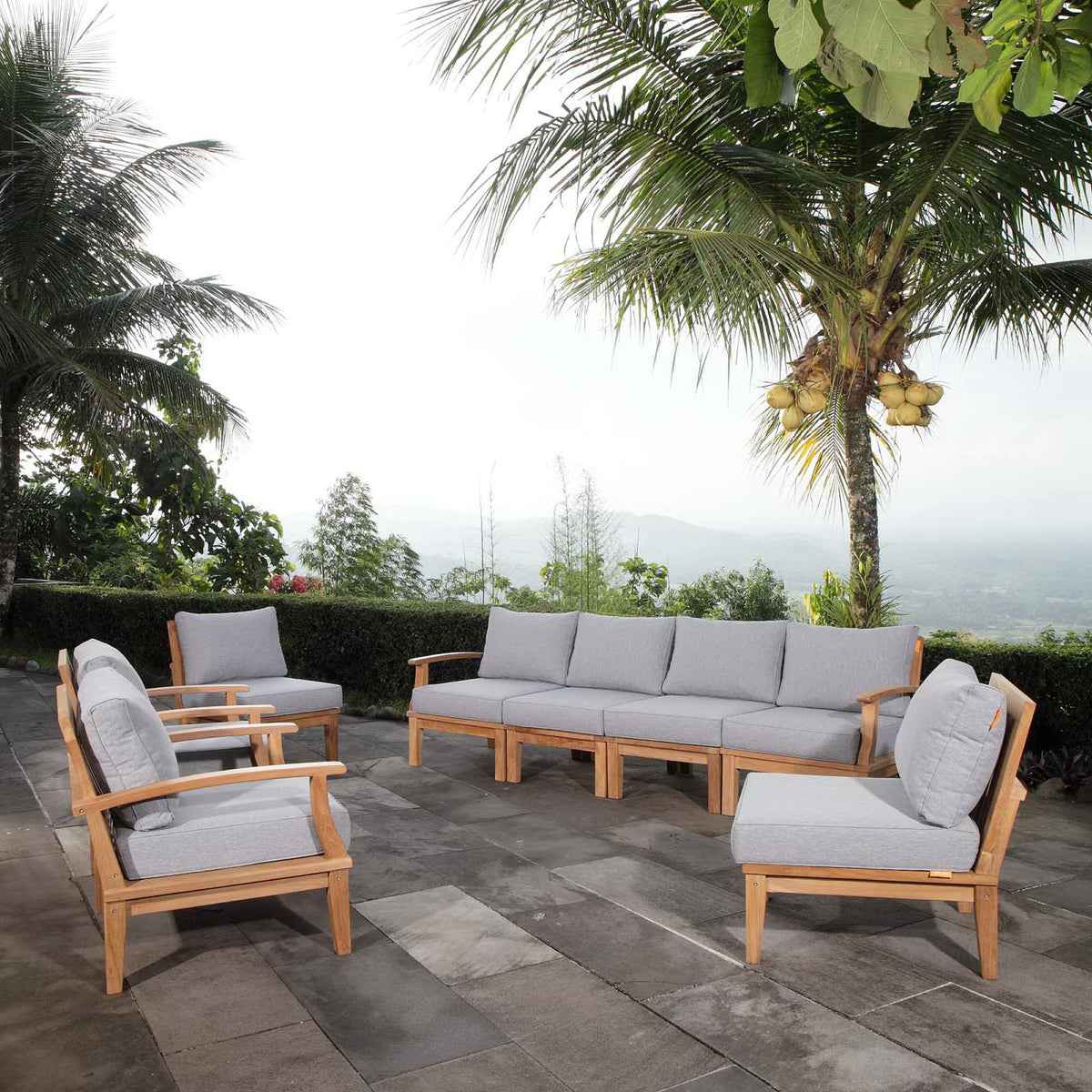 Marina 8 Piece Outdoor Patio Teak Set - Natural Gray (2 Armchairs, Left-Arm Sofa, 4 Sofas, Right-Arm Sofa)