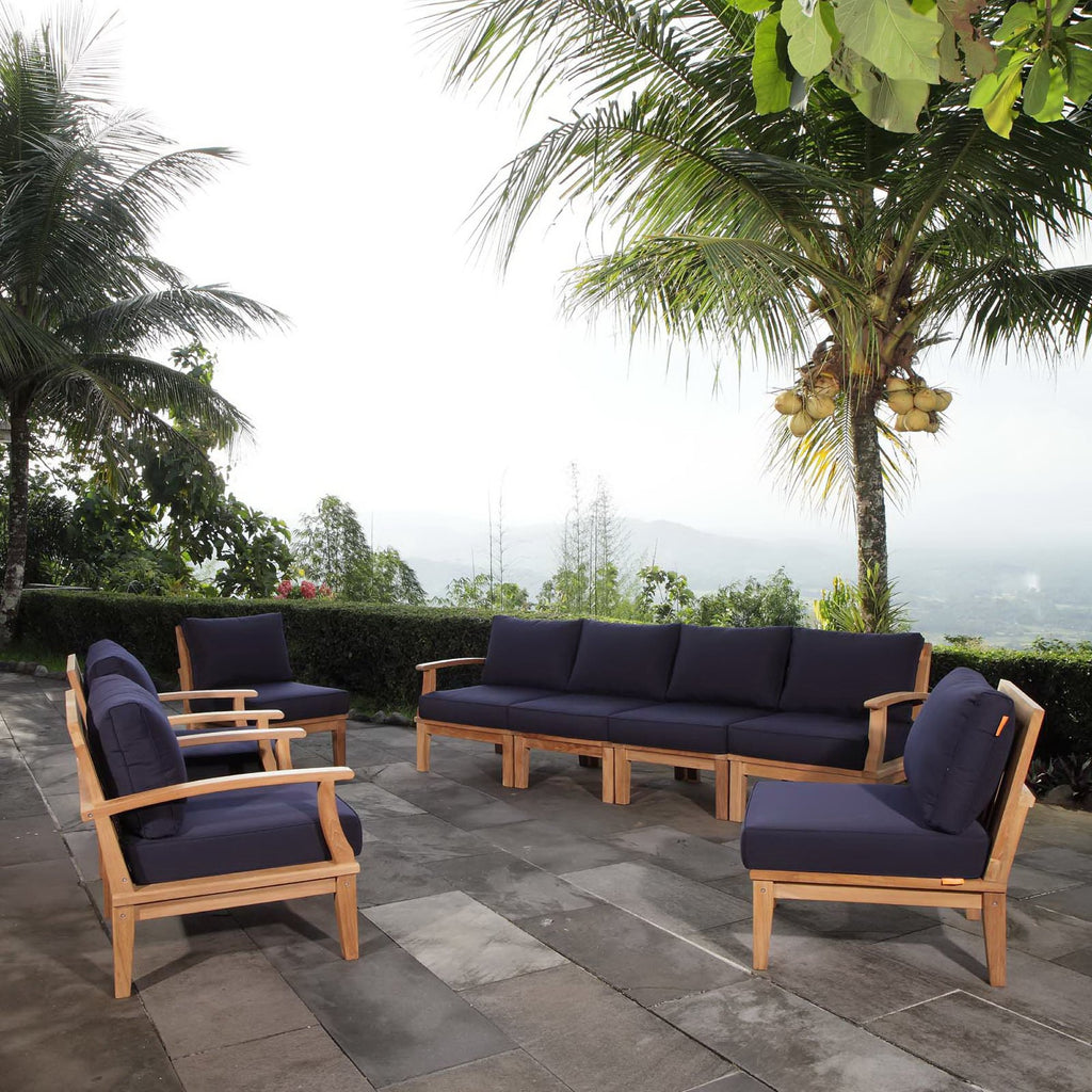 Marina 8 Piece Outdoor Patio Teak Set - Natural Navy (2 Armchairs, Left-Arm Sofa, 4 Sofas, Right-Arm Sofa)