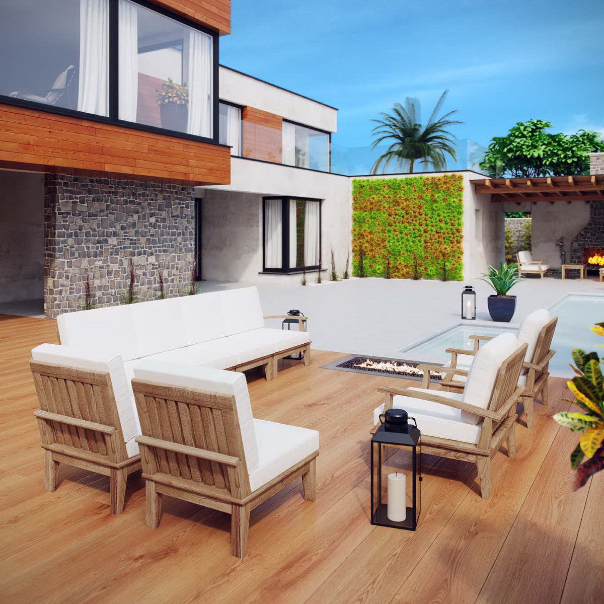 Marina 8 Piece Outdoor Patio Teak Set - Natural White (2 Armchairs, Left-Arm Sofa, 4 Sofas, Right-Arm Sofa)