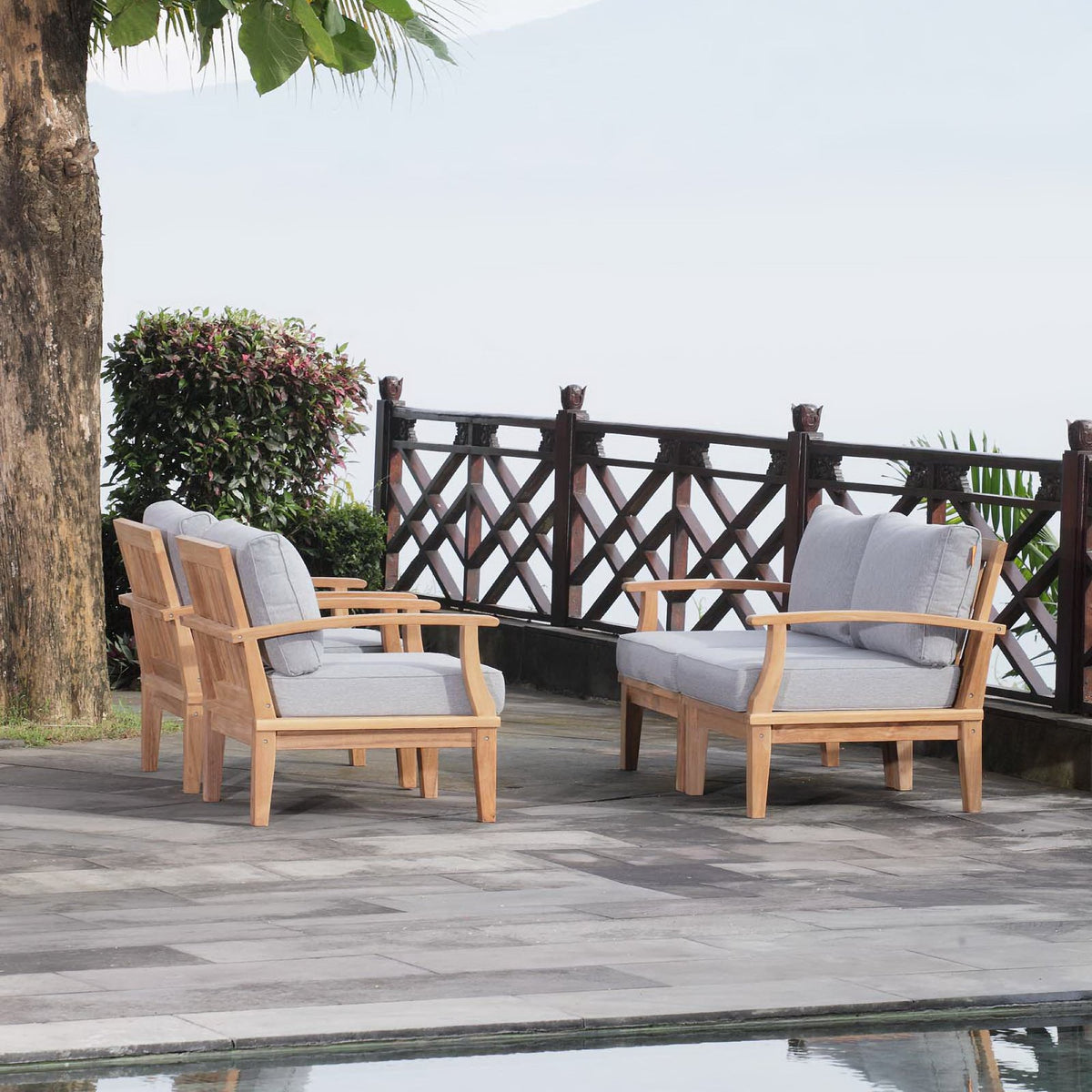Marina 4 Piece Outdoor Patio Teak Set - Natural Gray (2 Armchairs, Left-Arm Sofa, Right-Arm Sofa)