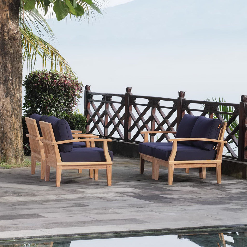 Marina 4 Piece Outdoor Patio Teak Set - Natural Navy (2 Armchairs, Left-Arm Sofa, Right-Arm Sofa)