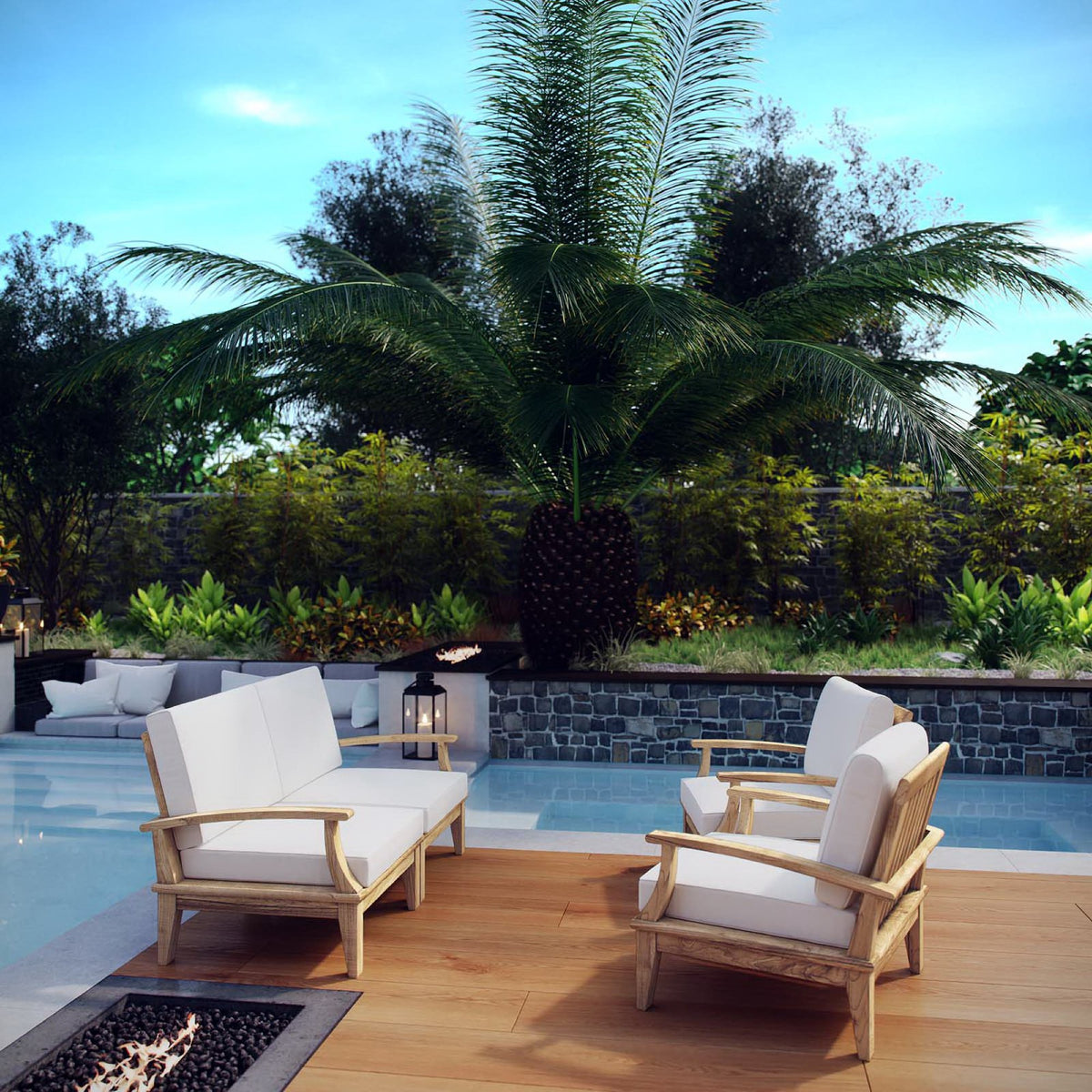 Marina 4 Piece Outdoor Patio Teak Set - Natural White (2 Armchairs, Left-Arm Sofa, Right-Arm Sofa)