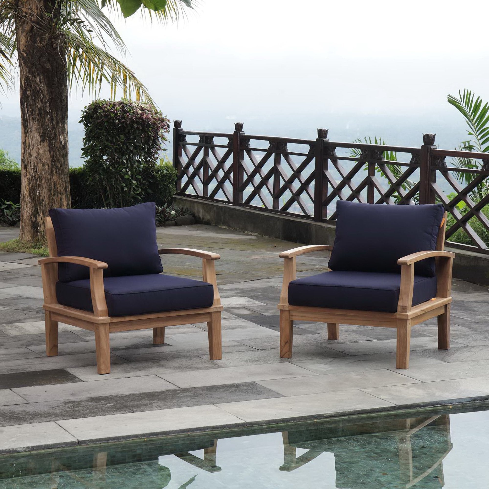 Marina 2 Piece Outdoor Patio Teak Set - Natural Navy (2 Armchairs)