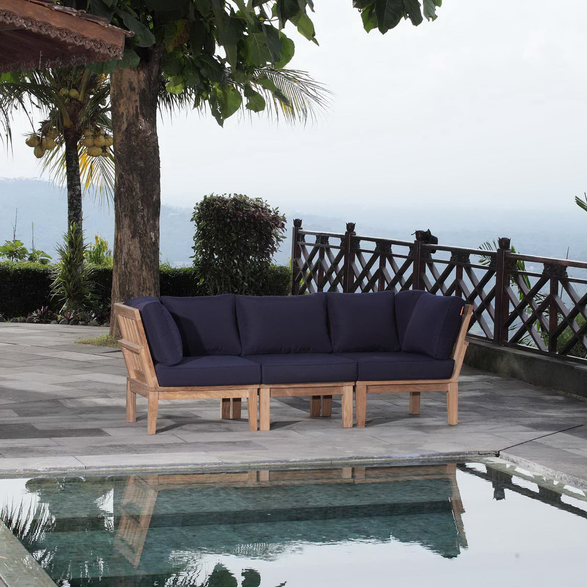Marina 3 Piece Outdoor Patio Teak Set - Natural Navy (2 Corner Sofas, Sofa)