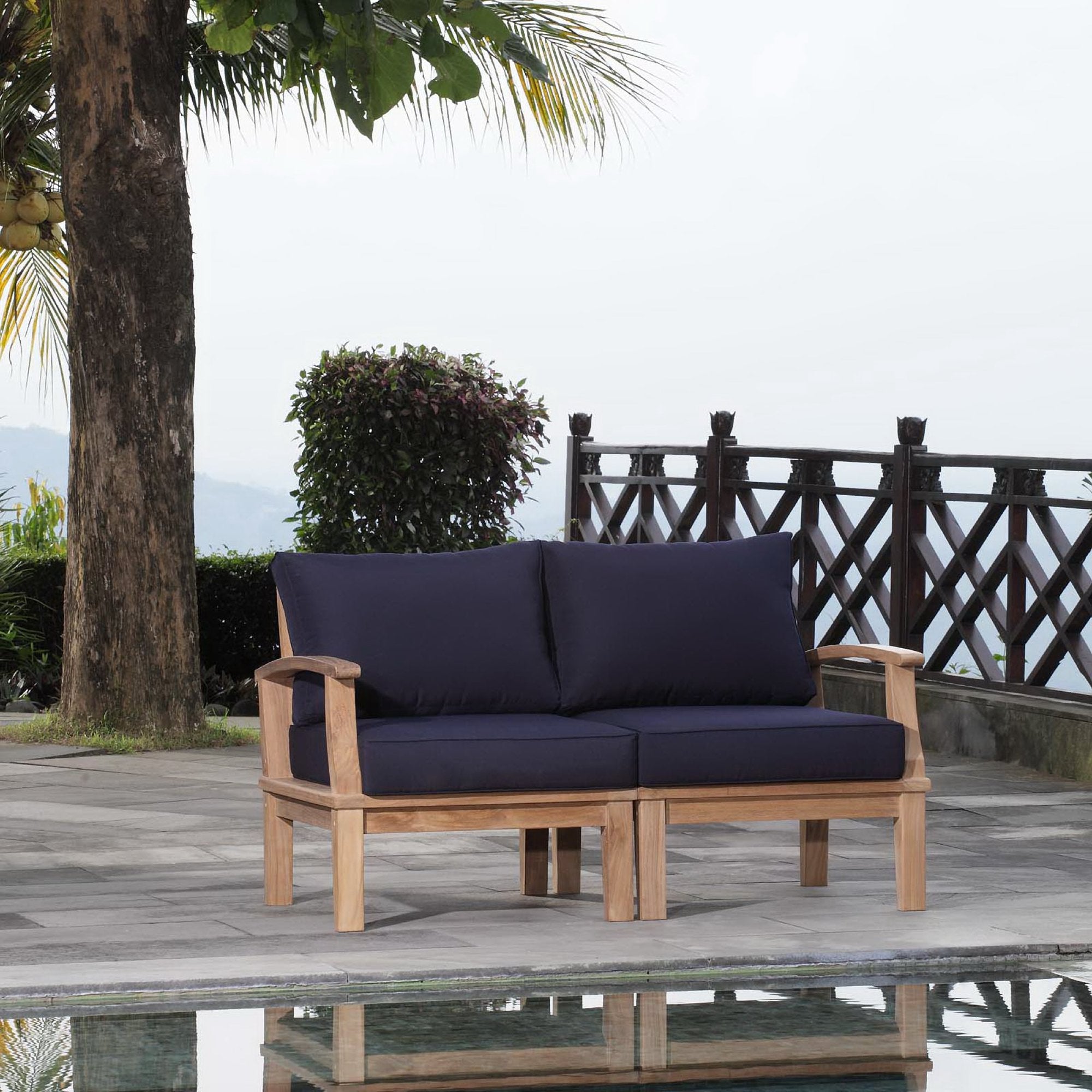 Marina 2 Piece Outdoor Patio Teak Set - Natural Navy (Left-Arm Sofa, Right-Arm Sofa)