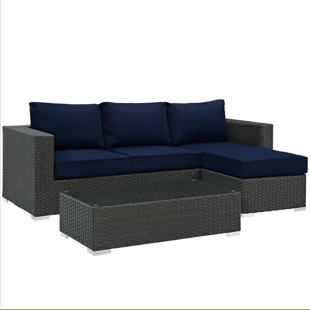 Sojourn 3 Piece Outdoor Patio Sunbrella Sectional Set - Canvas Navy (Coffee Table, Ottoman, Sofa)