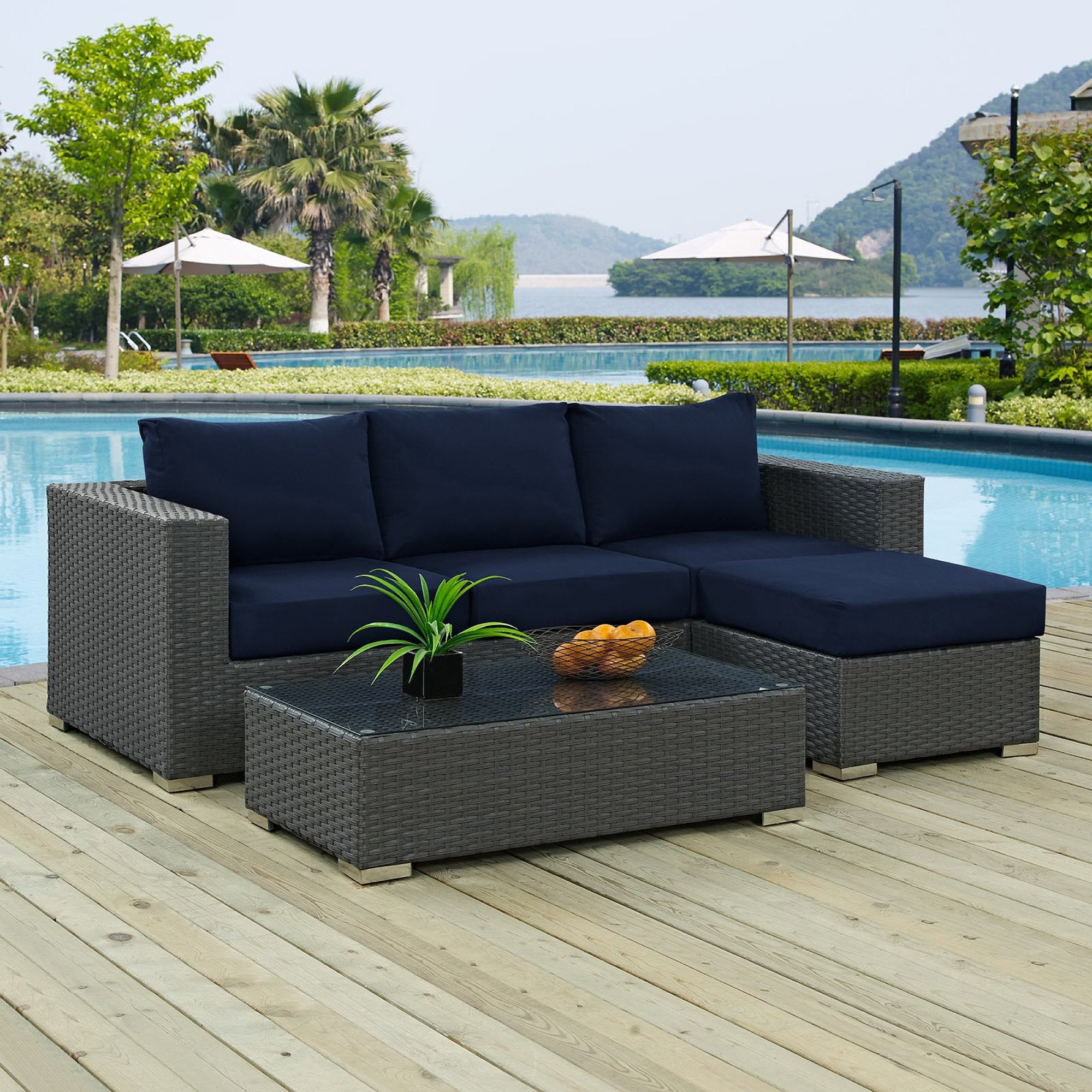 Sojourn 3 Piece Outdoor Patio Sunbrella Sectional Set - Canvas Navy (Coffee Table, Ottoman, Sofa)