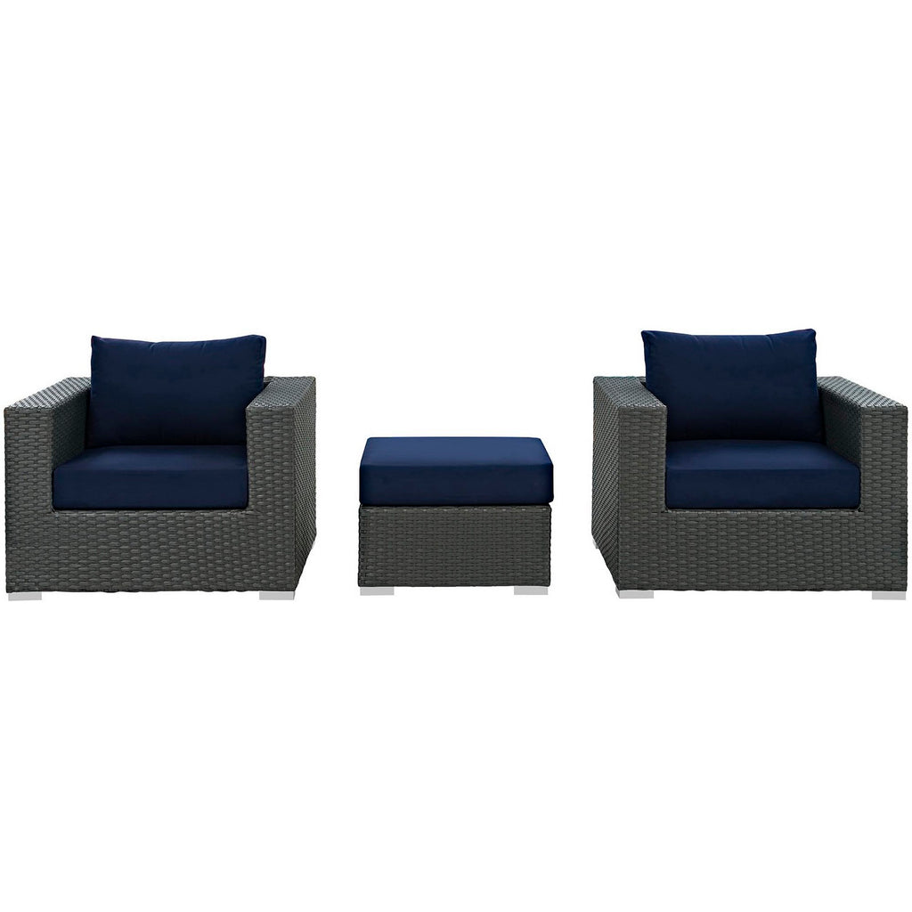 Sojourn 3 Piece Outdoor Patio Sunbrella Sectional Set - Canvas Navy (2 Armchairs, Ottoman)