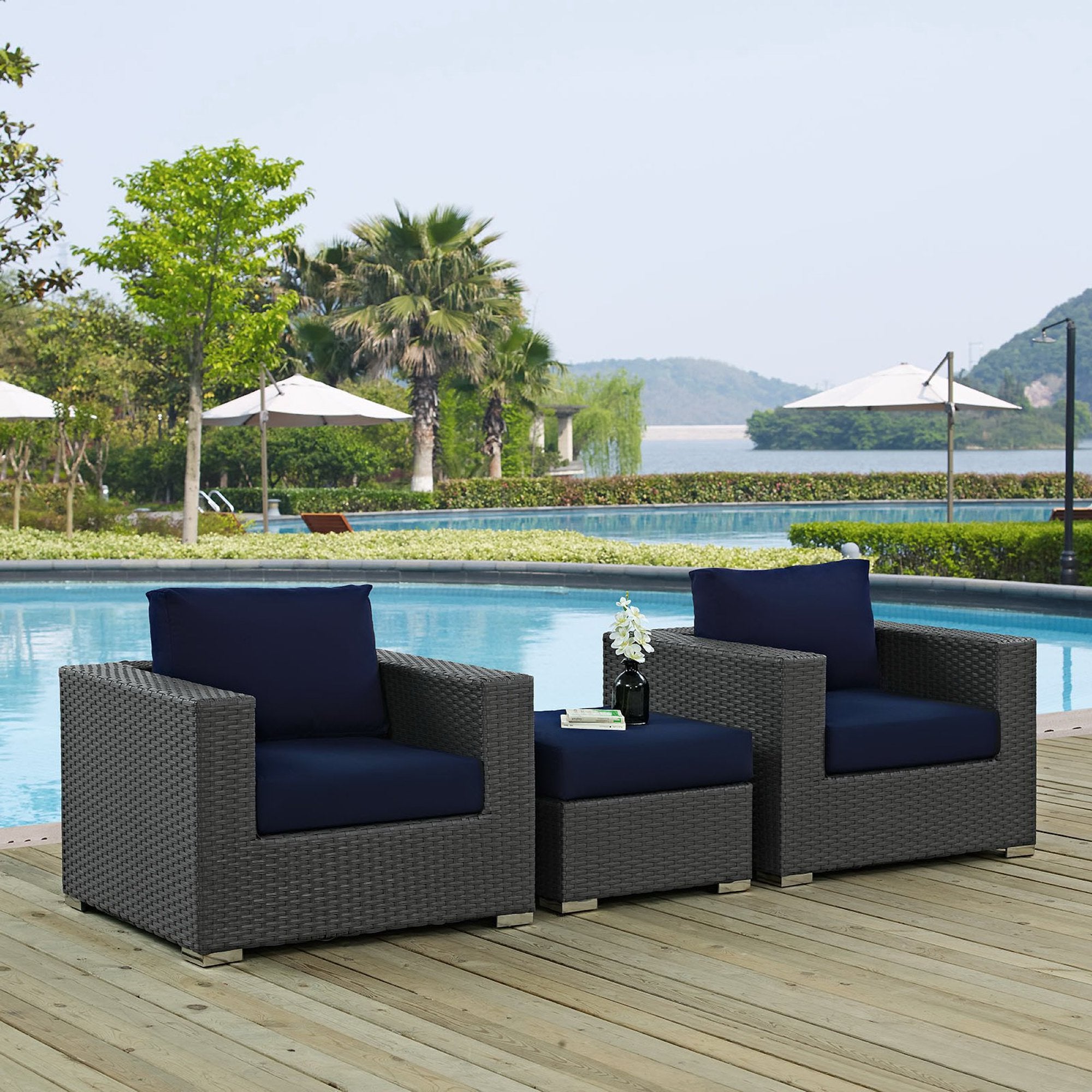 Sojourn 3 Piece Outdoor Patio Sunbrella Sectional Set - Canvas Navy (2 Armchairs, Ottoman)