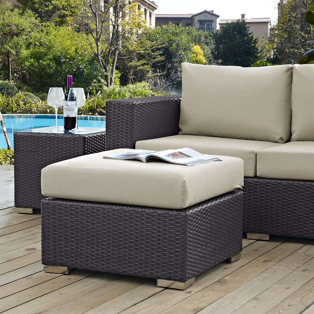 Convene Outdoor Patio Fabric Square Ottoman - Espresso Beige