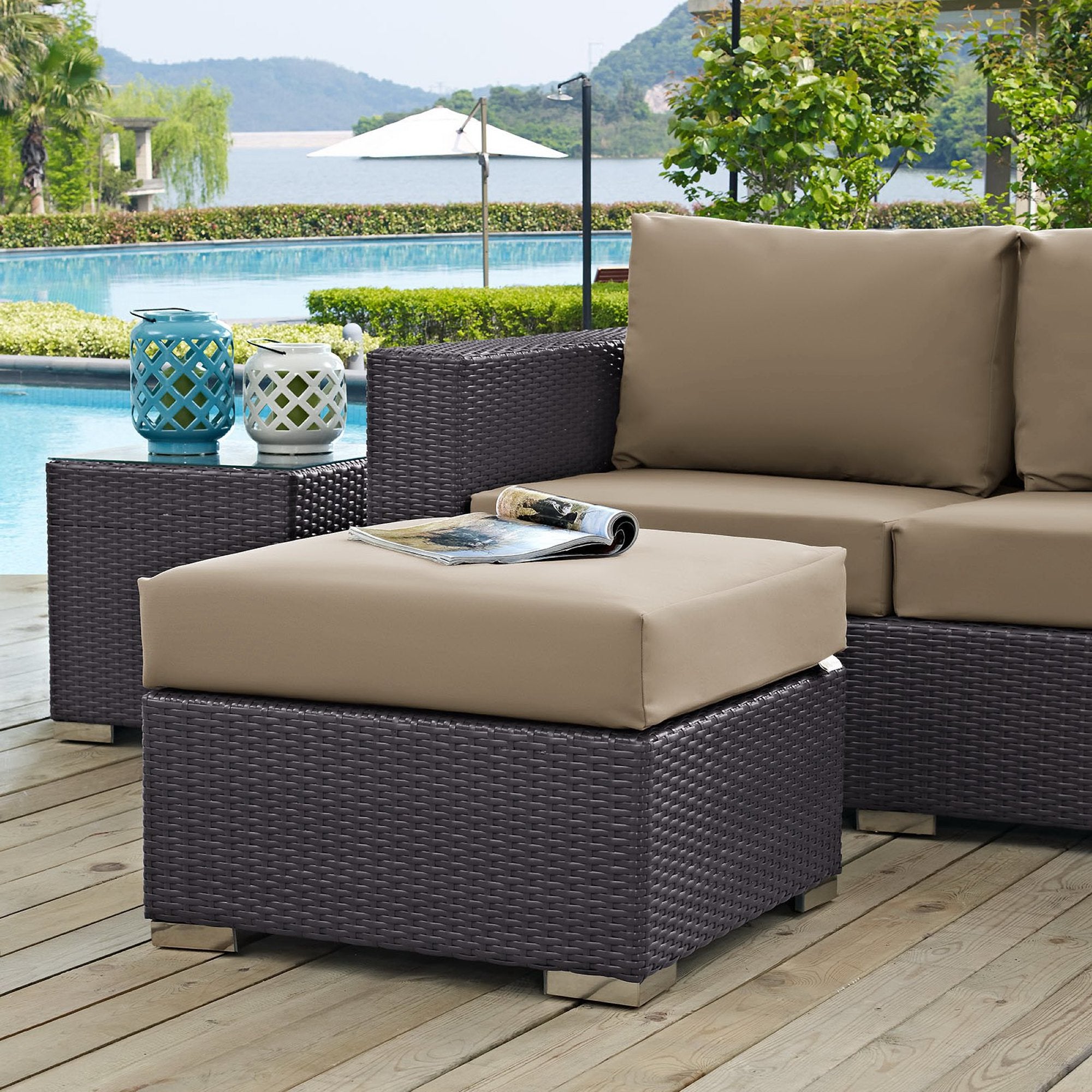Convene Outdoor Patio Fabric Square Ottoman - Espresso Mocha