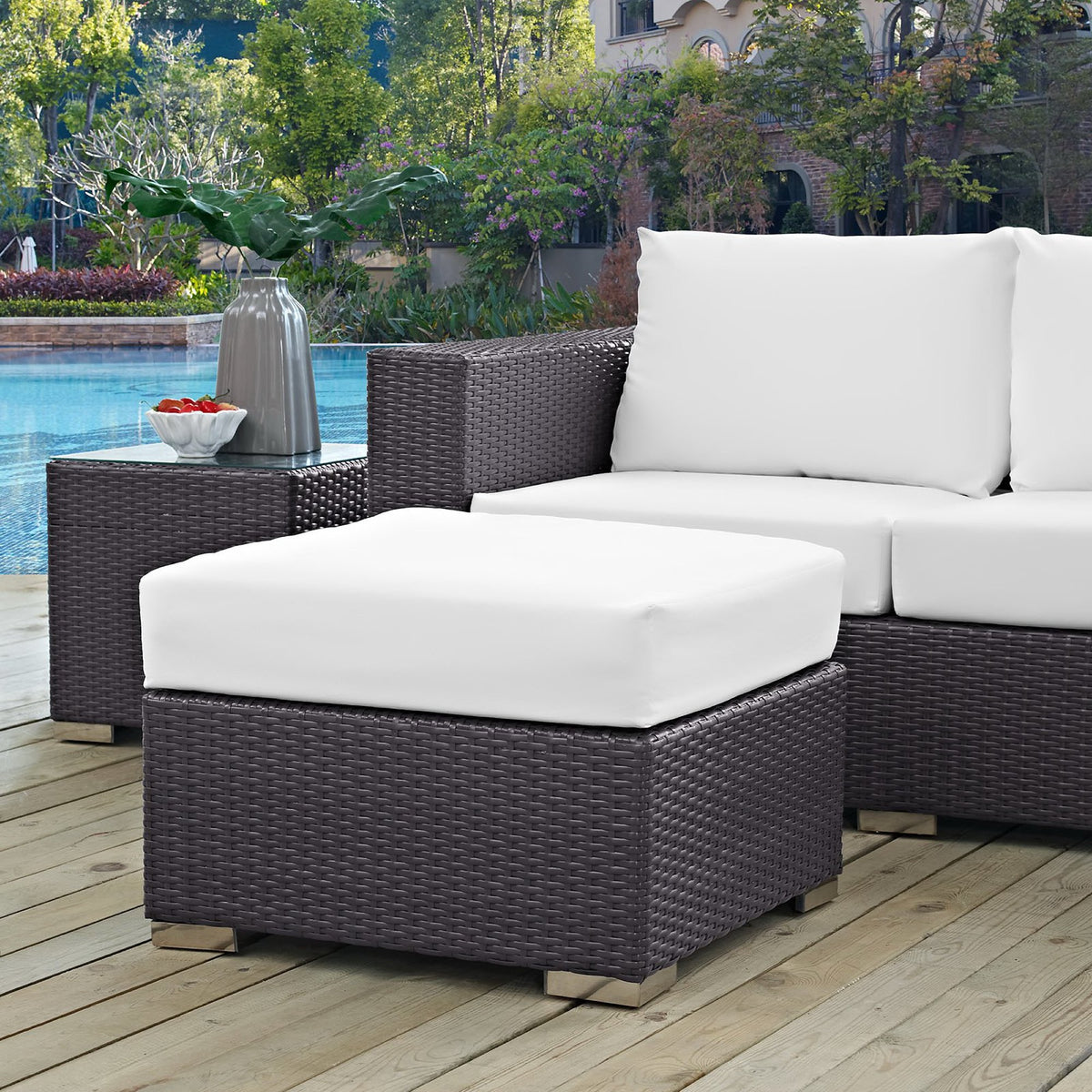 Convene Outdoor Patio Fabric Square Ottoman - Espresso White