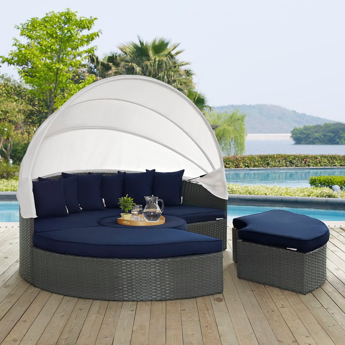 Sojourn Outdoor Patio Sunbrella Daybed - Canvas Navy (Bed, Coffee Table, 2 Ottomans)