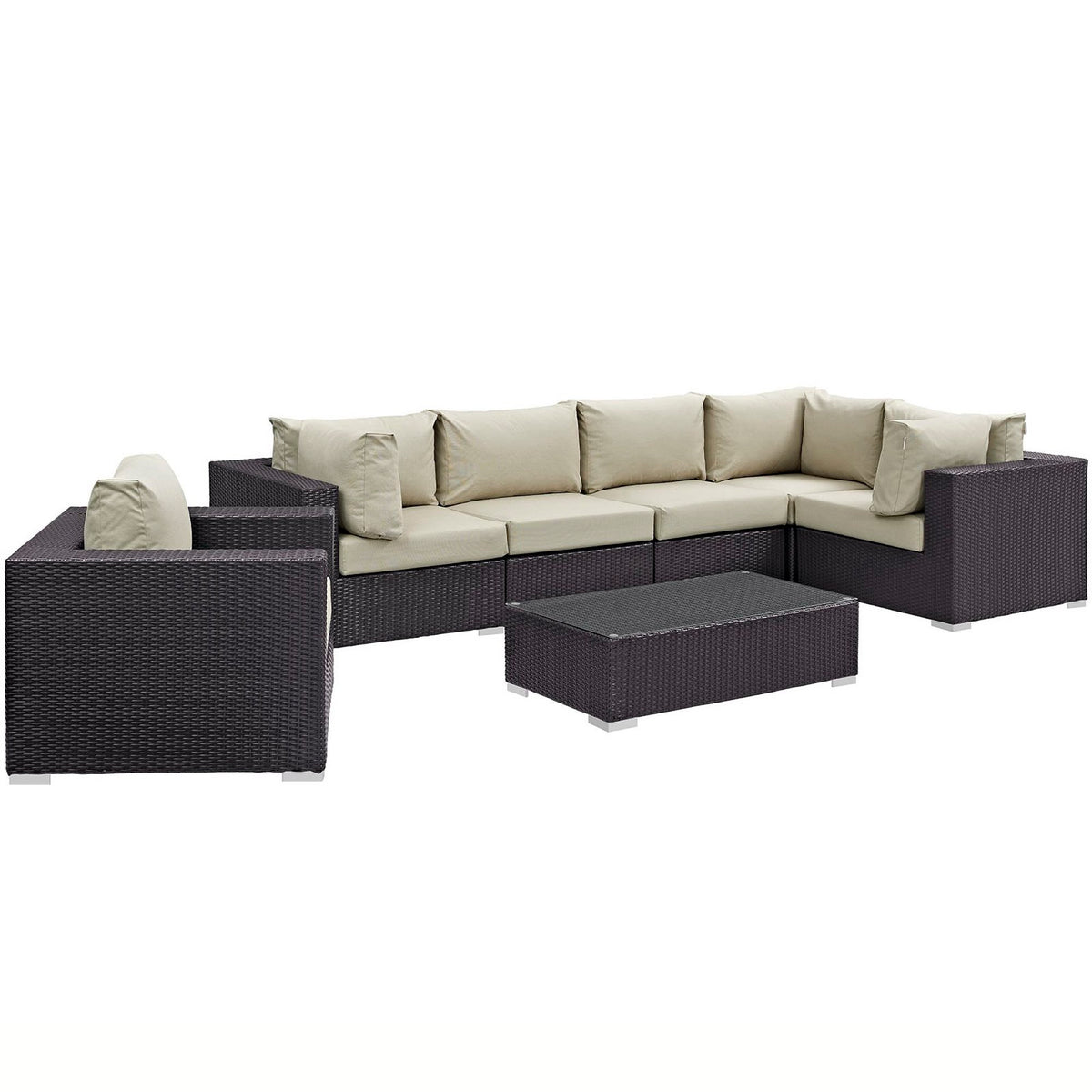 Convene 7 Piece Outdoor Patio Sectional Set - Espresso Beige (Armchair, 2 Armless, Coffee Table, 3 Corners)