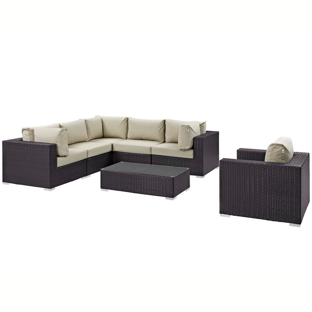 Convene 7 Piece Outdoor Patio Sectional Set - Espresso Beige (Armchair, 2 Armless, Coffee Table, 3 Corners)