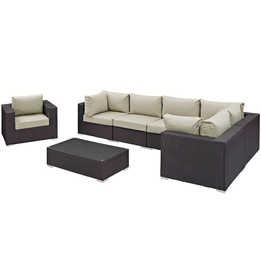 Convene 7 Piece Outdoor Patio Sectional Set - Espresso Beige (Armchair, 2 Armless, Coffee Table, 3 Corners)
