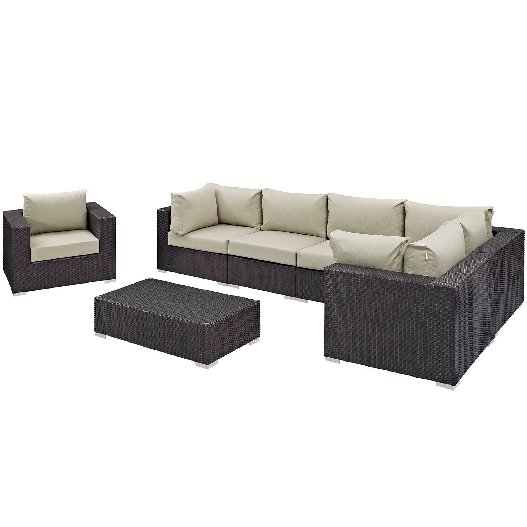 Convene 7 Piece Outdoor Patio Sectional Set - Espresso Beige (Armchair, 2 Armless, Coffee Table, 3 Corners)